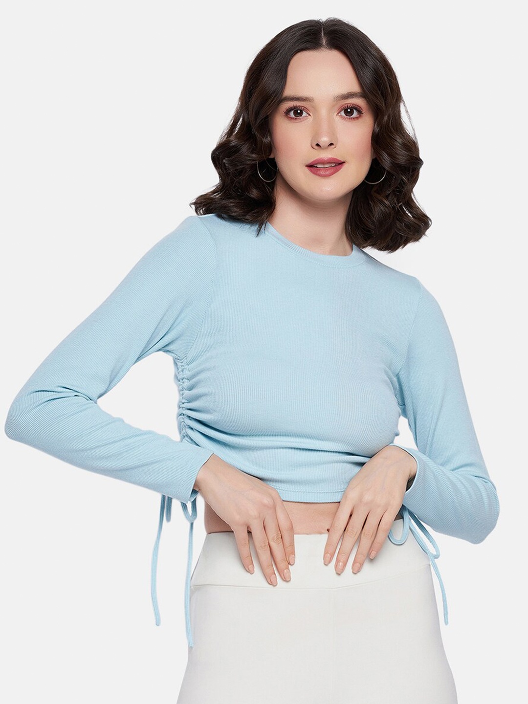 

HANG N HOLD Round Neck Long Sleeves Tie-Ups Crop Top, Blue