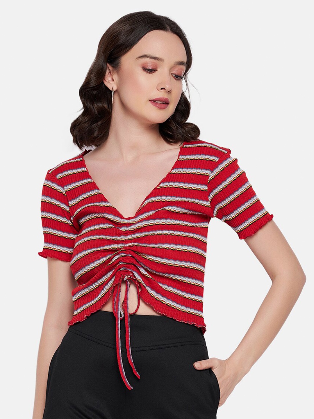 

HANG N HOLD Horizontal Stripes V-Neck Short Sleeves Crop Top, Red