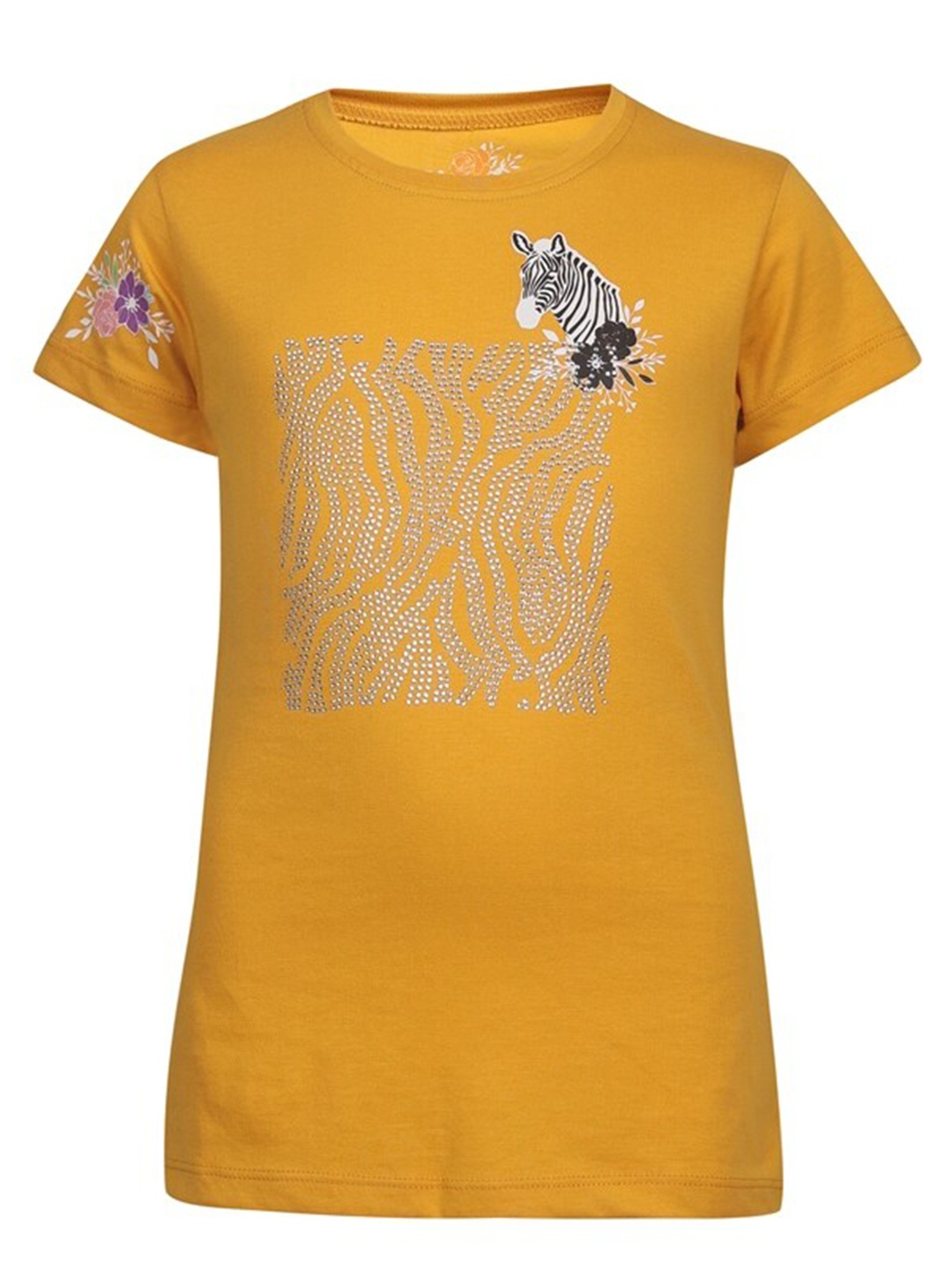 

PAMPOLINA Floral Printed Round Neck Short Sleeves Cotton Top, Mustard