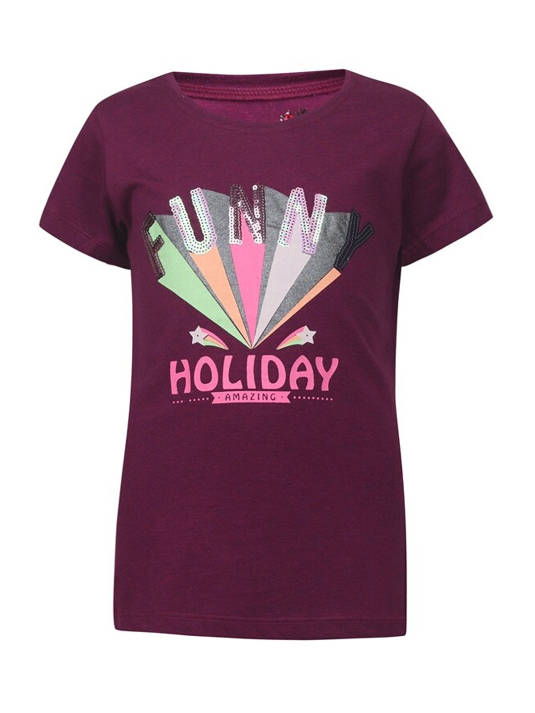 

PAMPOLINA Girls Graphic Printed Round Neck Cotton Top, Purple