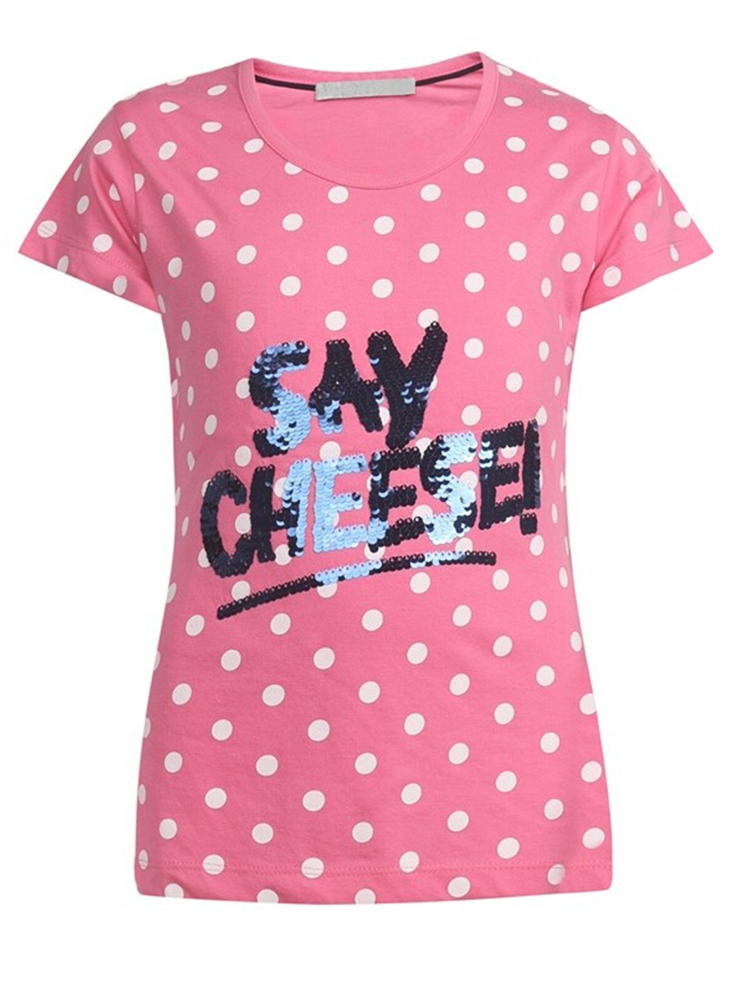 

PAMPOLINA Girls Polka Dot & Sequinned Embellished Round Neck Cotton Top, Pink