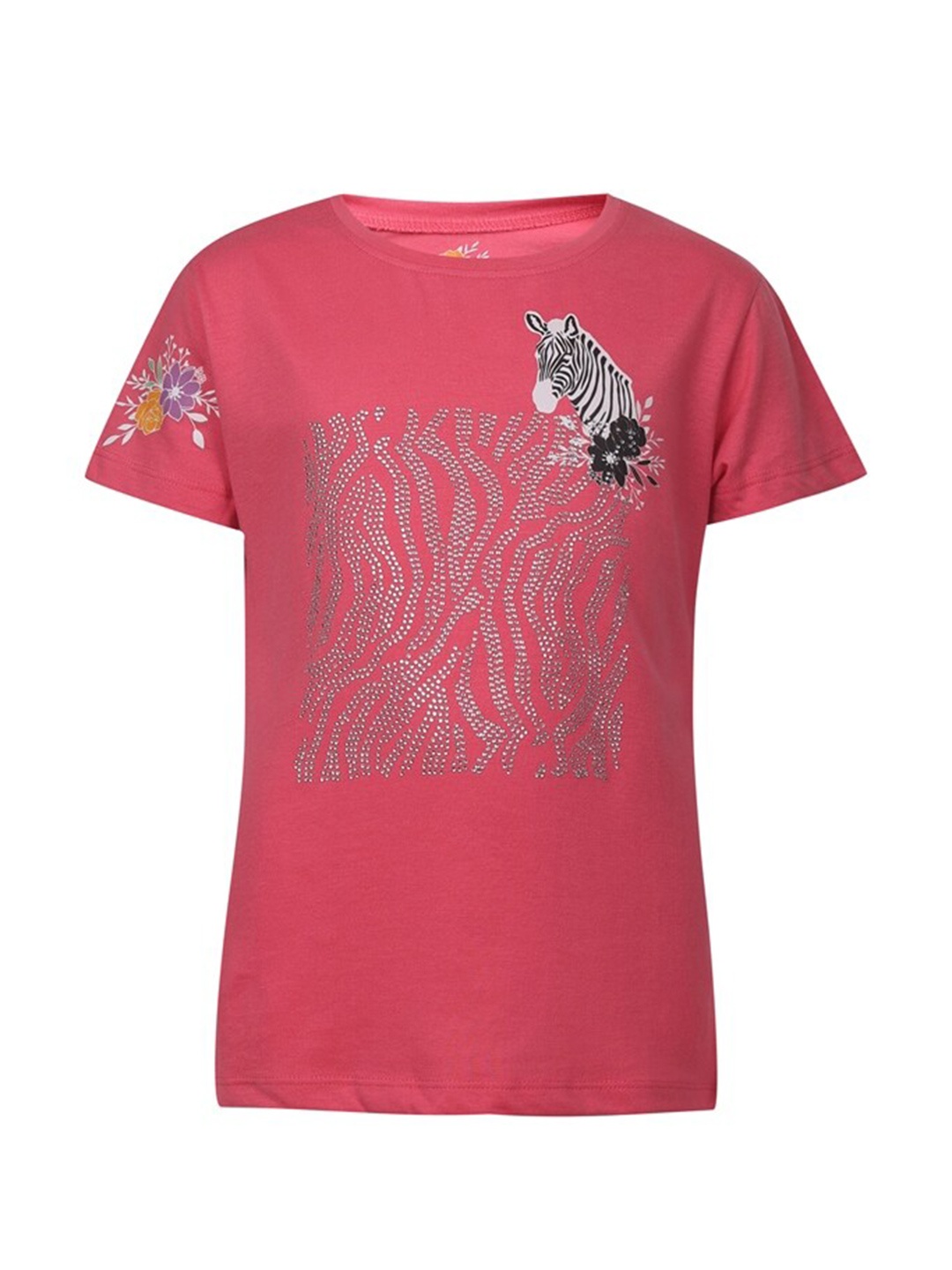 

PAMPOLINA Girls Graphic Printed Round Neck Cotton Top, Pink