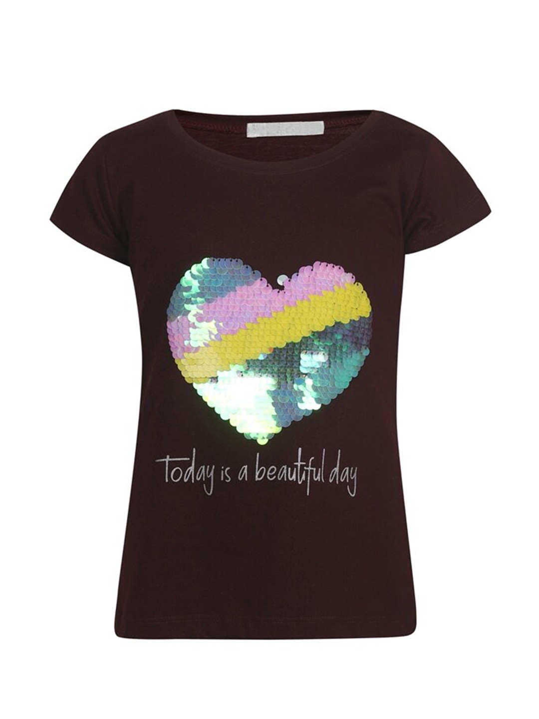 

PAMPOLINA Round Neck Sequinned Detail Graphic Print Cotton Tshirts, Maroon