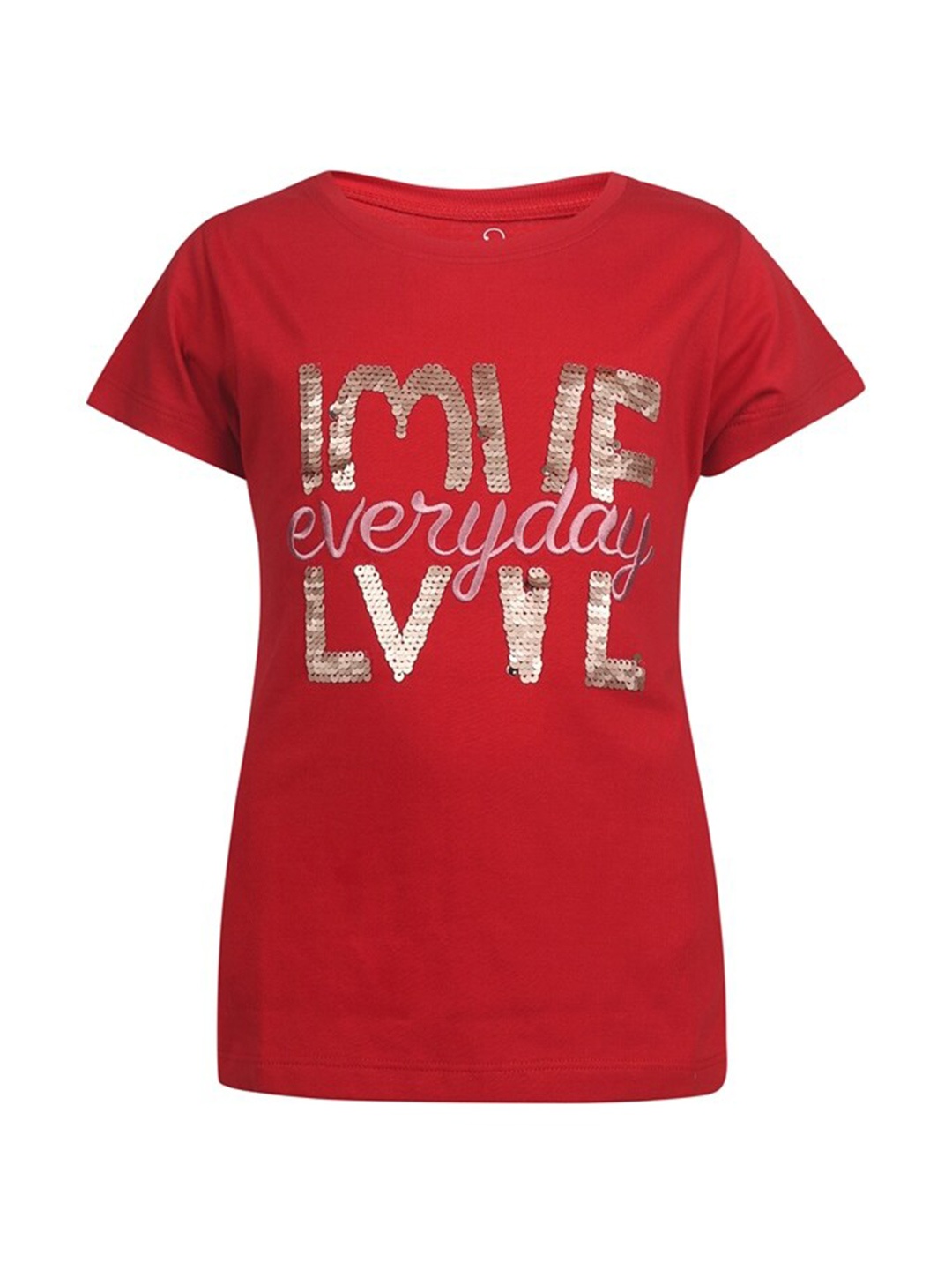 

PAMPOLINA Typography Printed Round Neck Extended Sleeves Cotton Top, Red