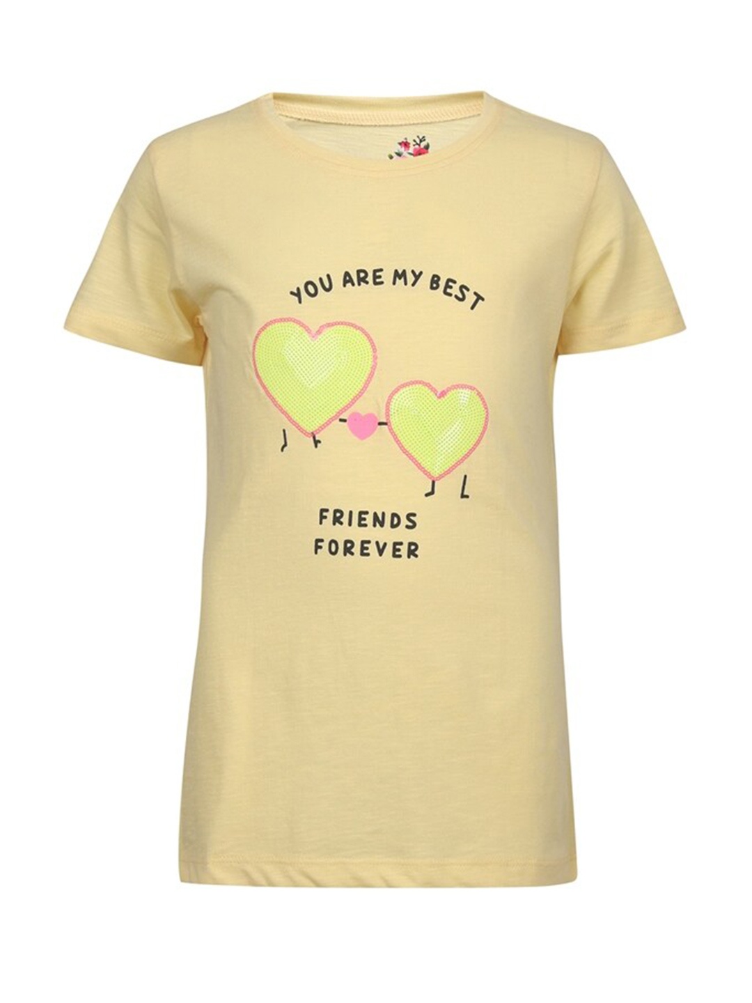 

PAMPOLINA Girls Typography Printed Cotton T-shirt, Yellow