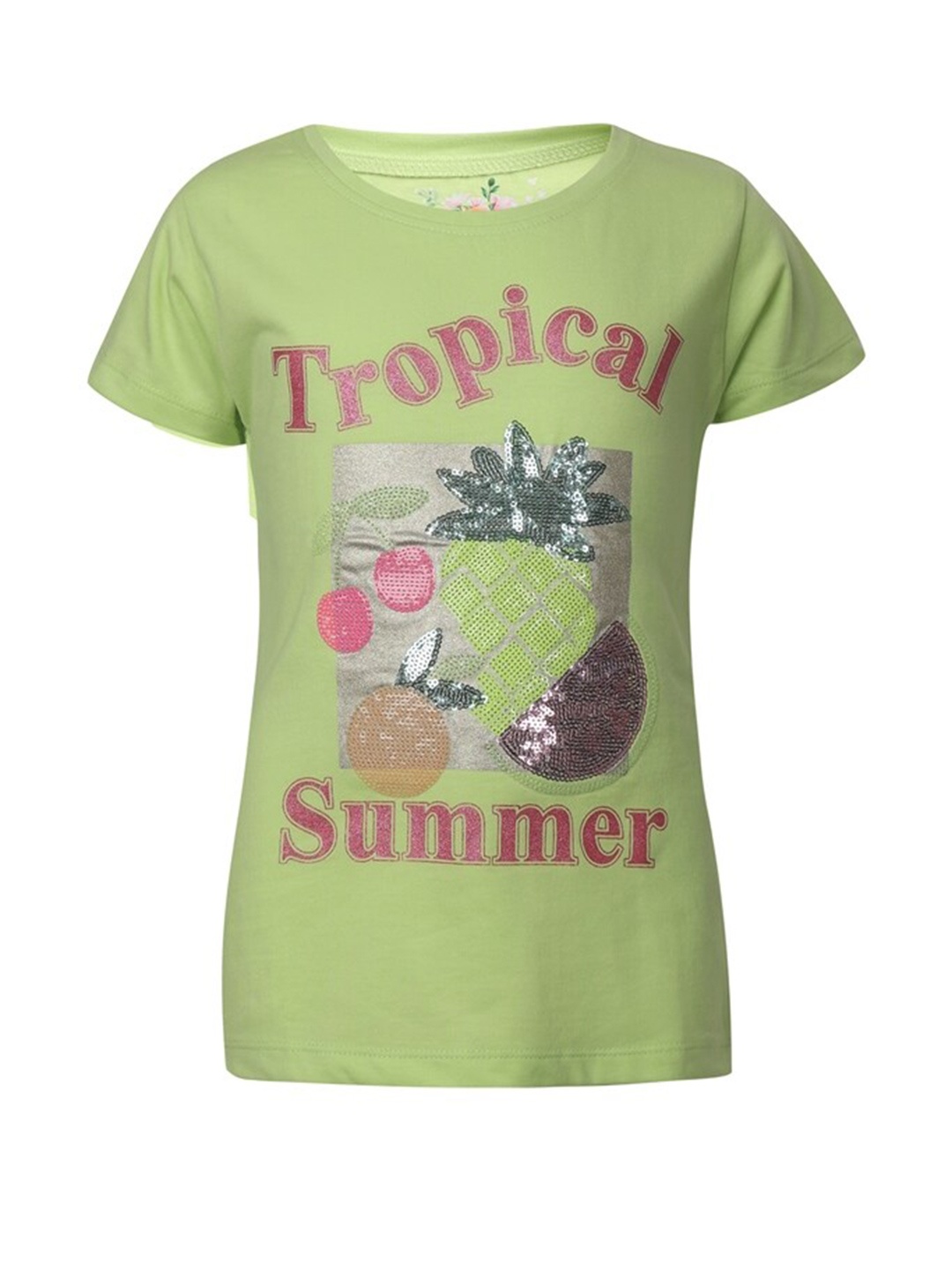 

PAMPOLINA Girls Sequinned Typography Printed Cotton Top, Green