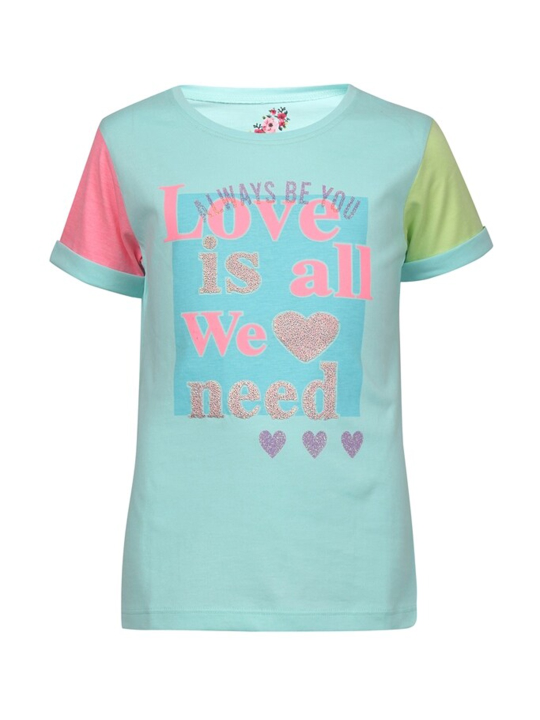 

PAMPOLINA Girls Typography Printed Cotton T-shirt, Turquoise blue