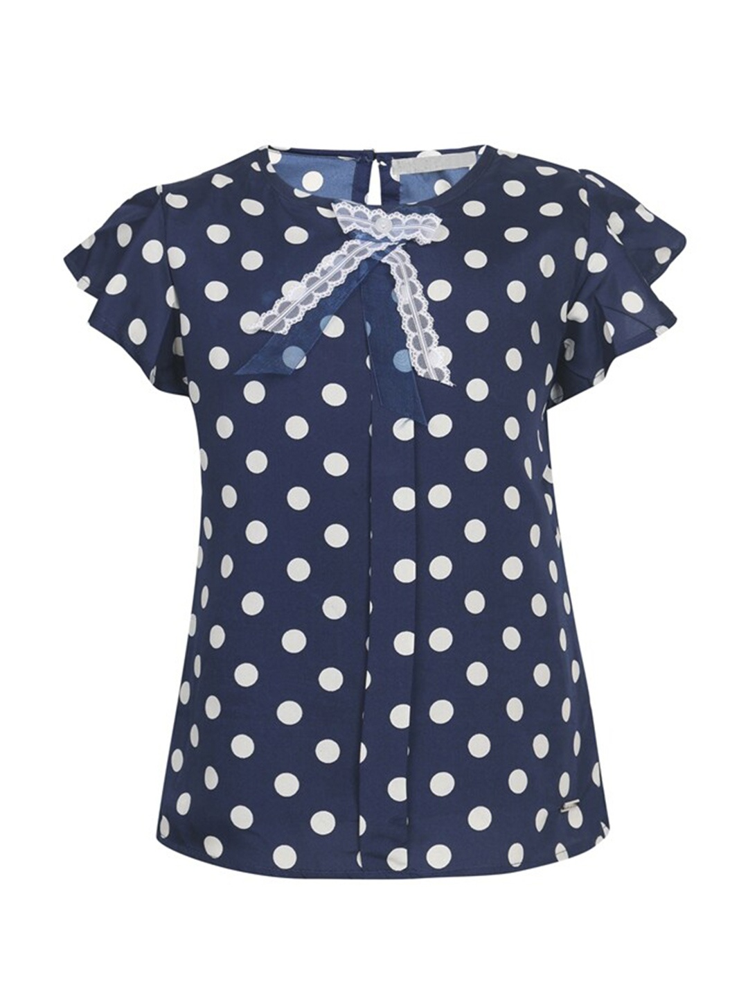 

PAMPOLINA Polka Dot Printed Round Neck Short Sleeves Cotton Top, Blue