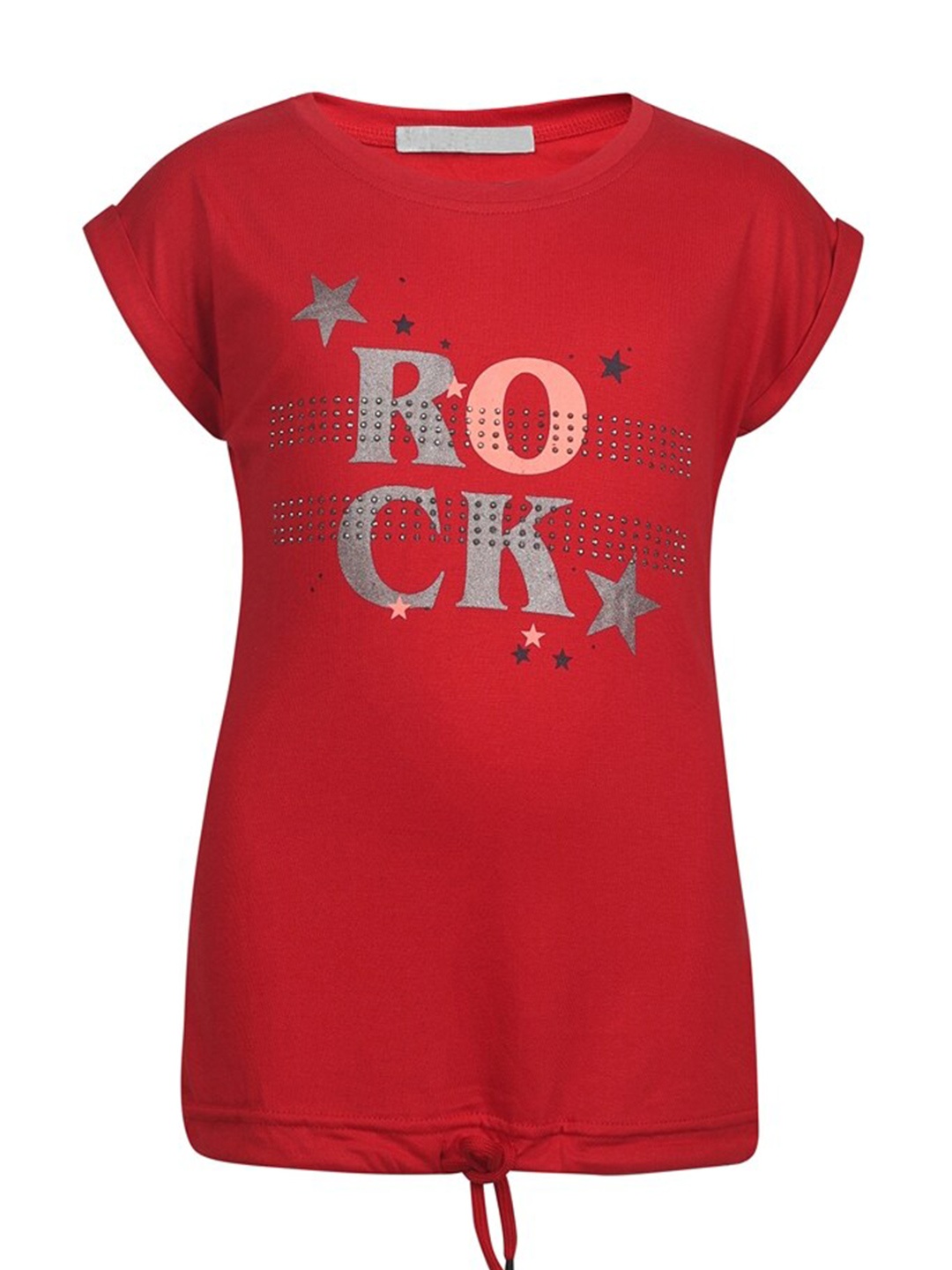 

PAMPOLINA Girls Typography Print Round Neck Extended Sleeves Cotton Top, Red