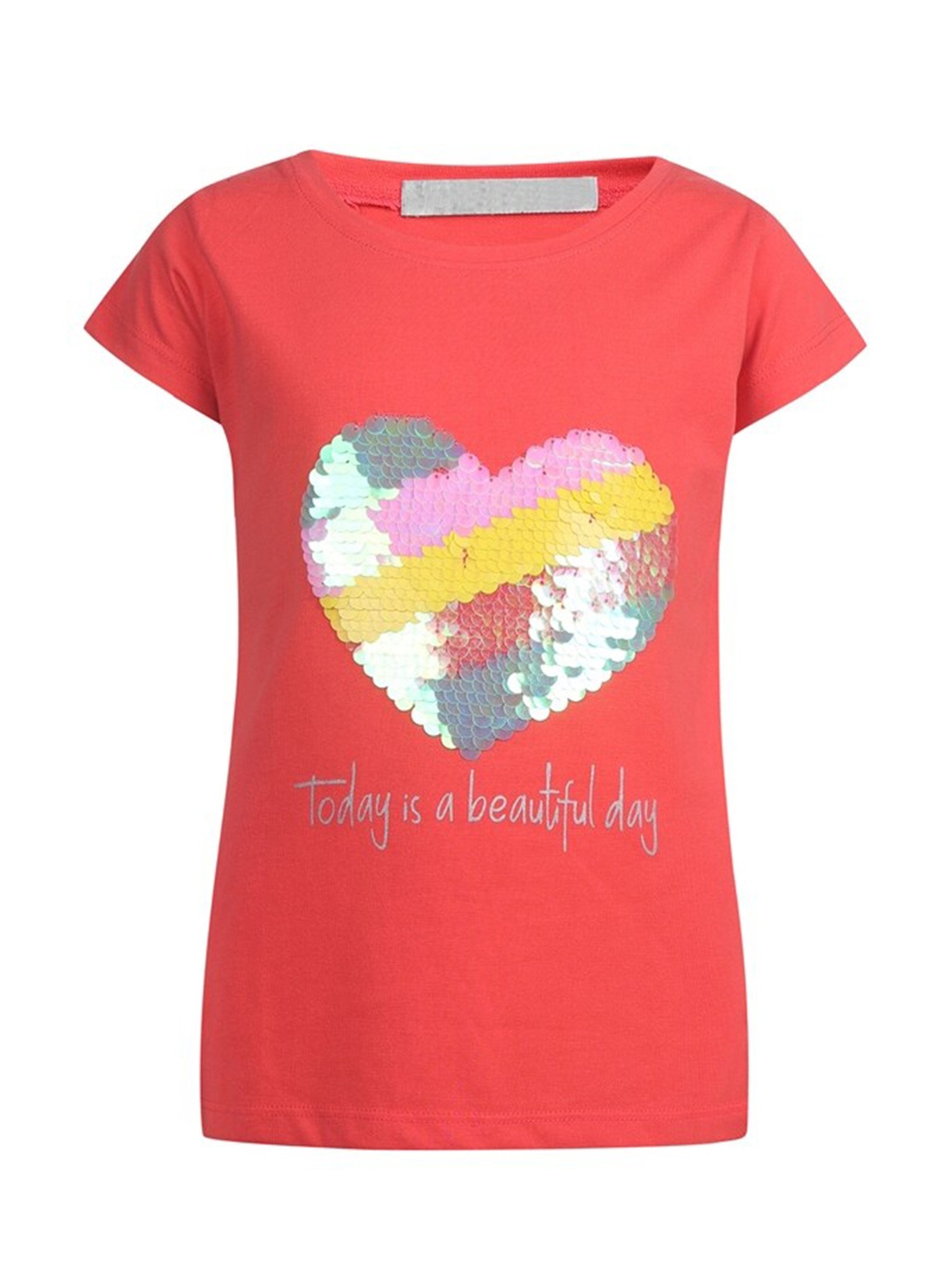 

PAMPOLINA Girls Graphic Printed Round Neck Cap Sleeves Cotton Top, Coral