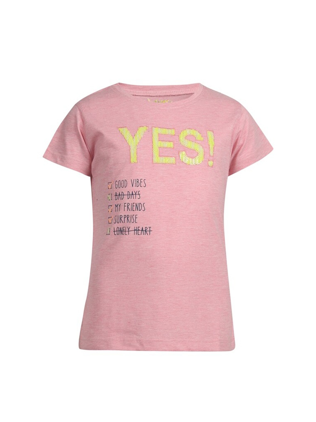 

PAMPOLINA Girls Typography Printed Round Neck Cotton Top, Peach