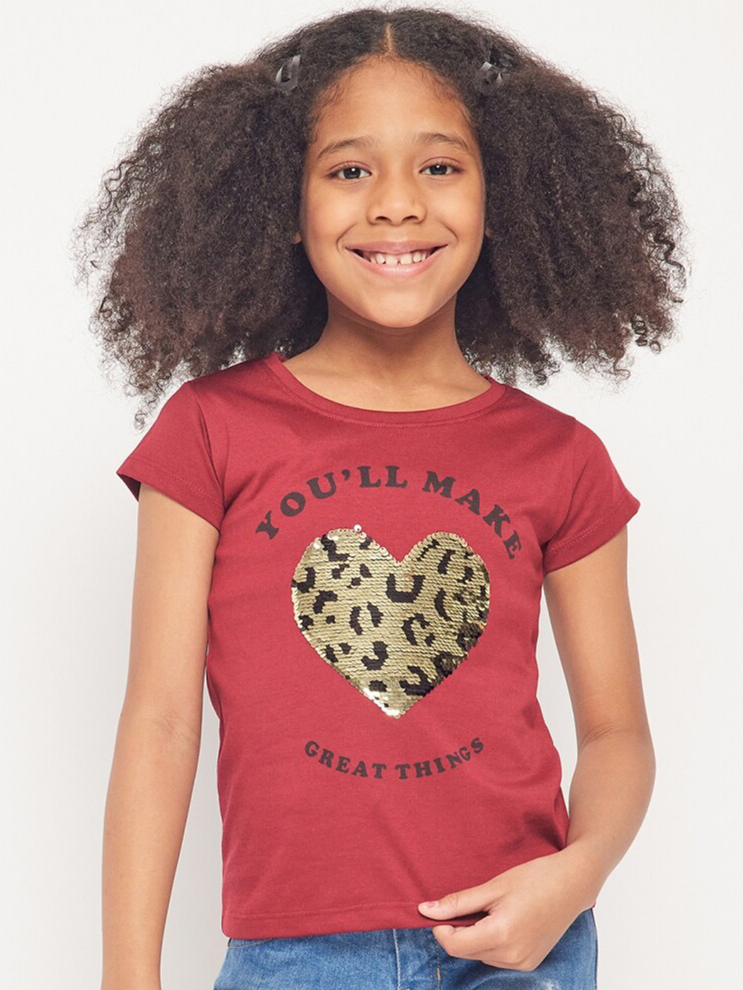 

PAMPOLINA Girls Typography Printed Round Neck Cotton Top, Maroon