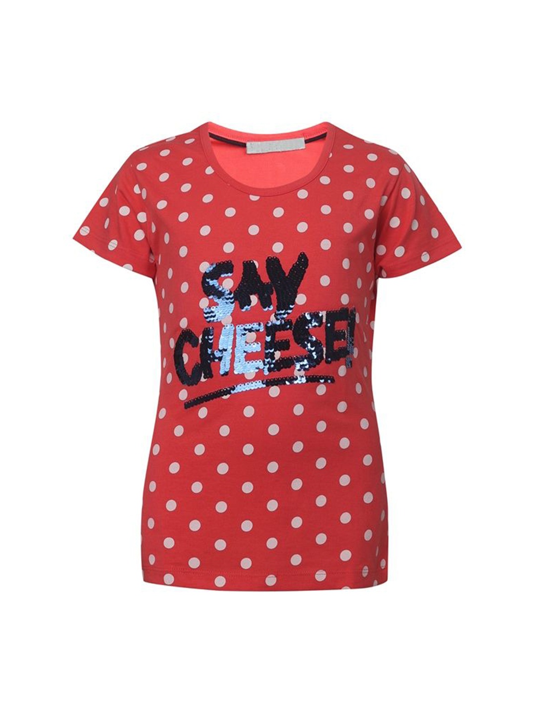 

PAMPOLINA Girls Typography Printed Round Neck Cotton Top, Red