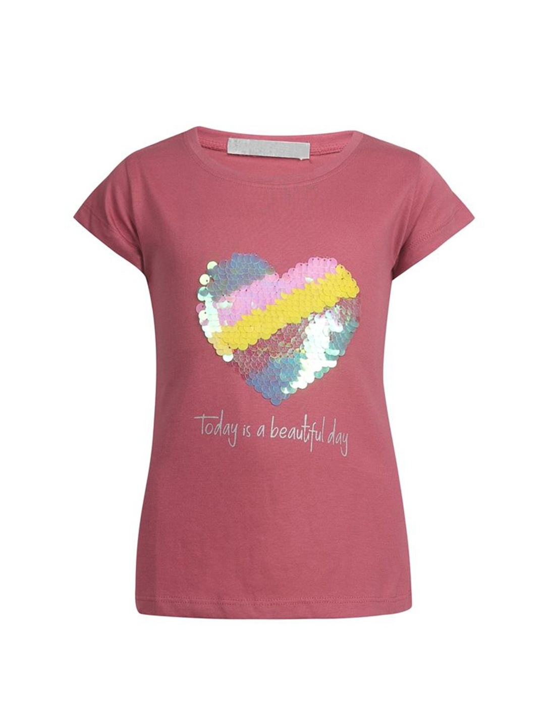 

PAMPOLINA Girls Sequinned Embellished Round Neck Cotton Top, Pink