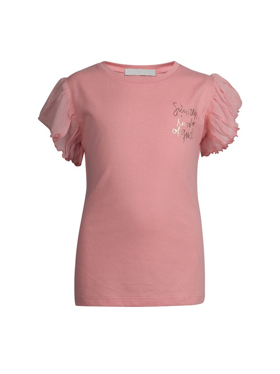 

PAMPOLINA Girls Flutter Sleeve Round Neck Cotton Top, Pink