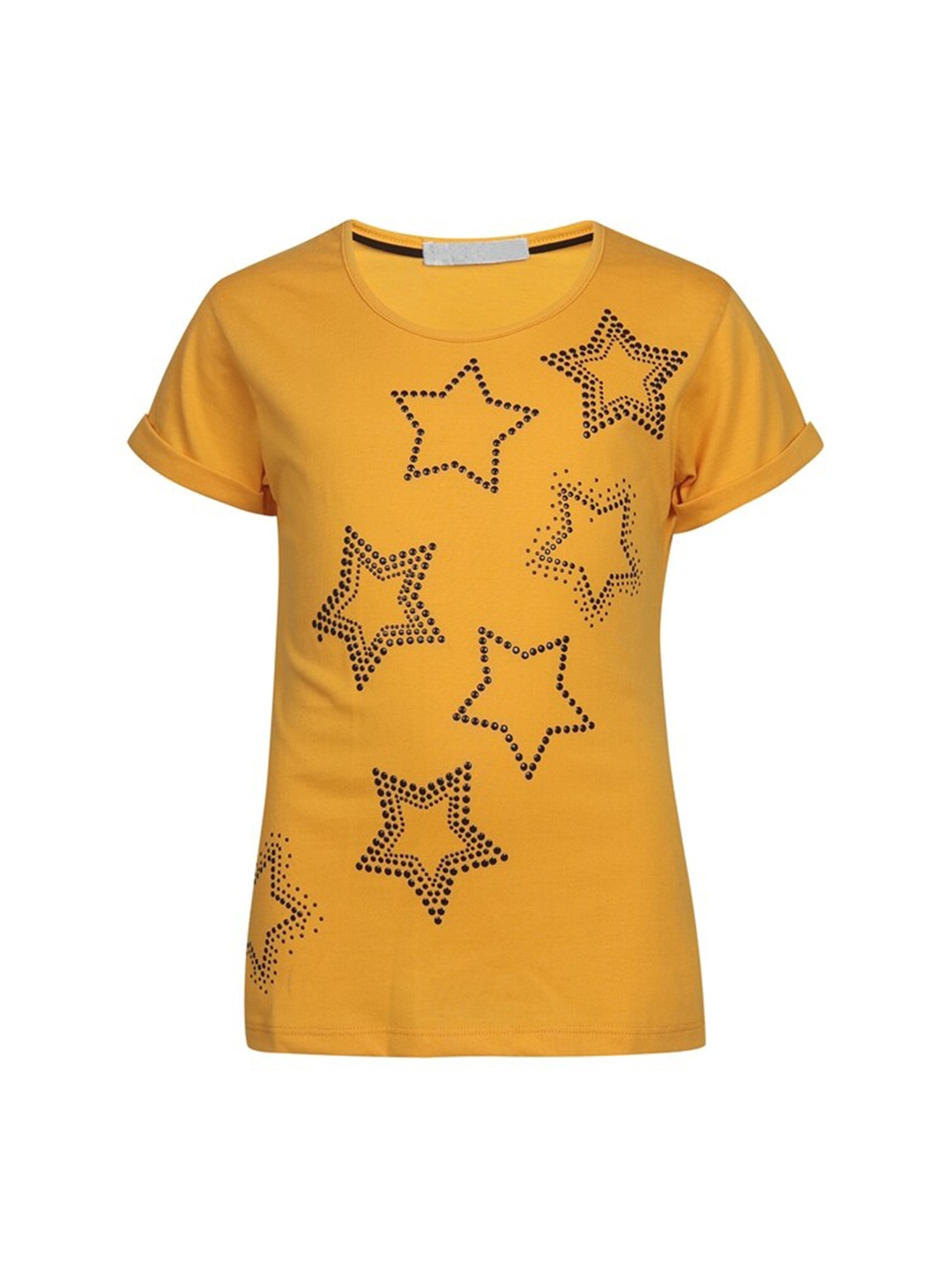 

PAMPOLINA Girls Sequinned Embellished Round Neck Cotton Top, Mustard
