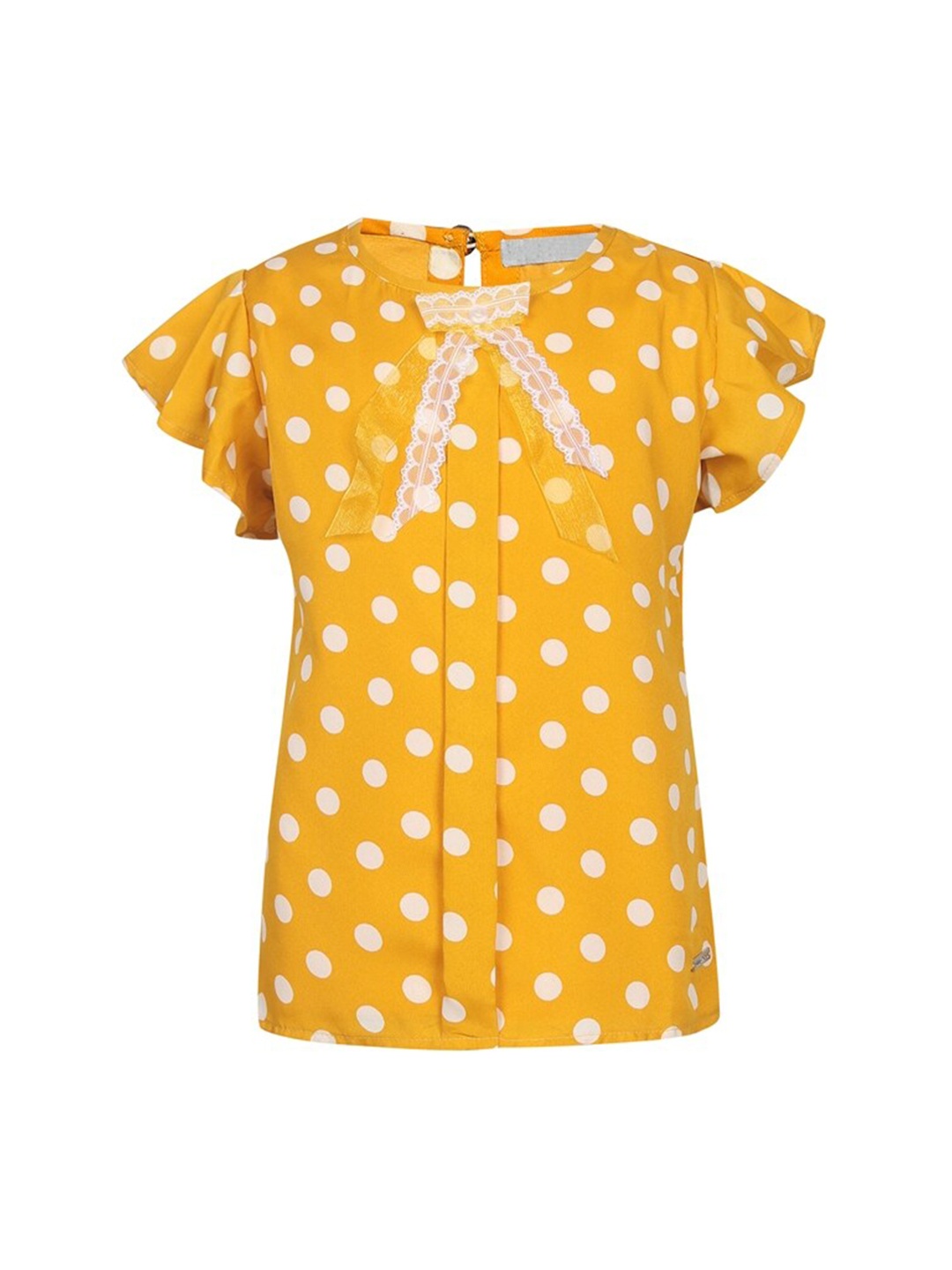 

PAMPOLINA Girls Polka Dot Printed Round Neck Flutter Sleeve Cotton Top, Mustard