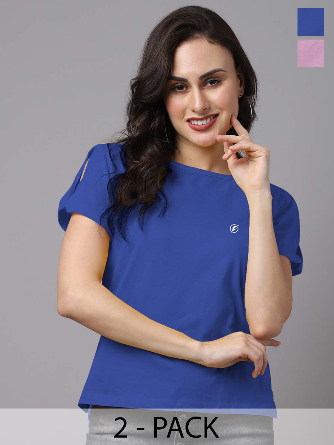 

Friskers Pack of 2 Slit Sleeves Round Neck Solid Cotton Casual Tops, Blue