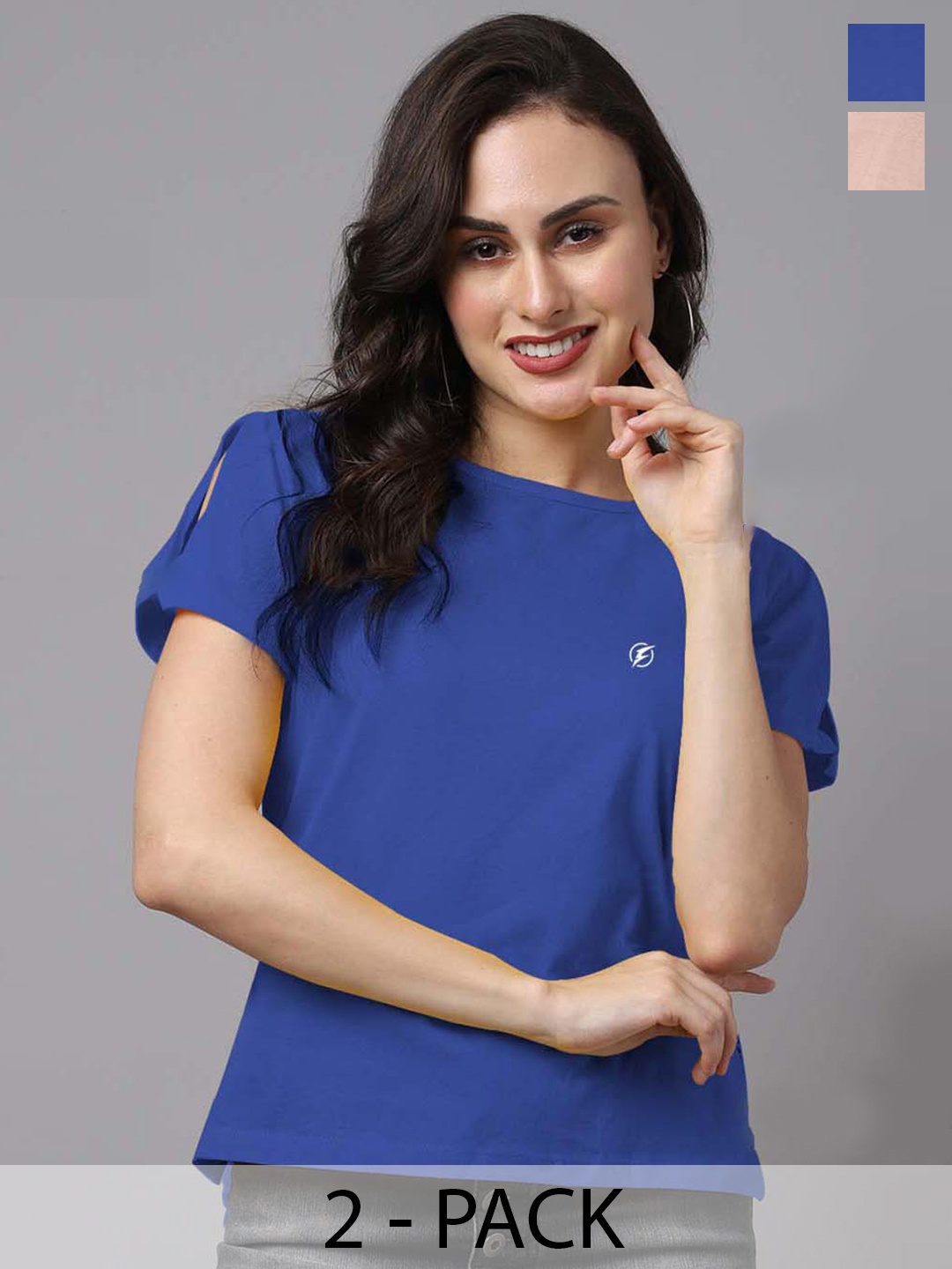 

Friskers Pack Of 2 Round Neck Short Cold-Shoulder Sleeves Cotton Tops, Blue
