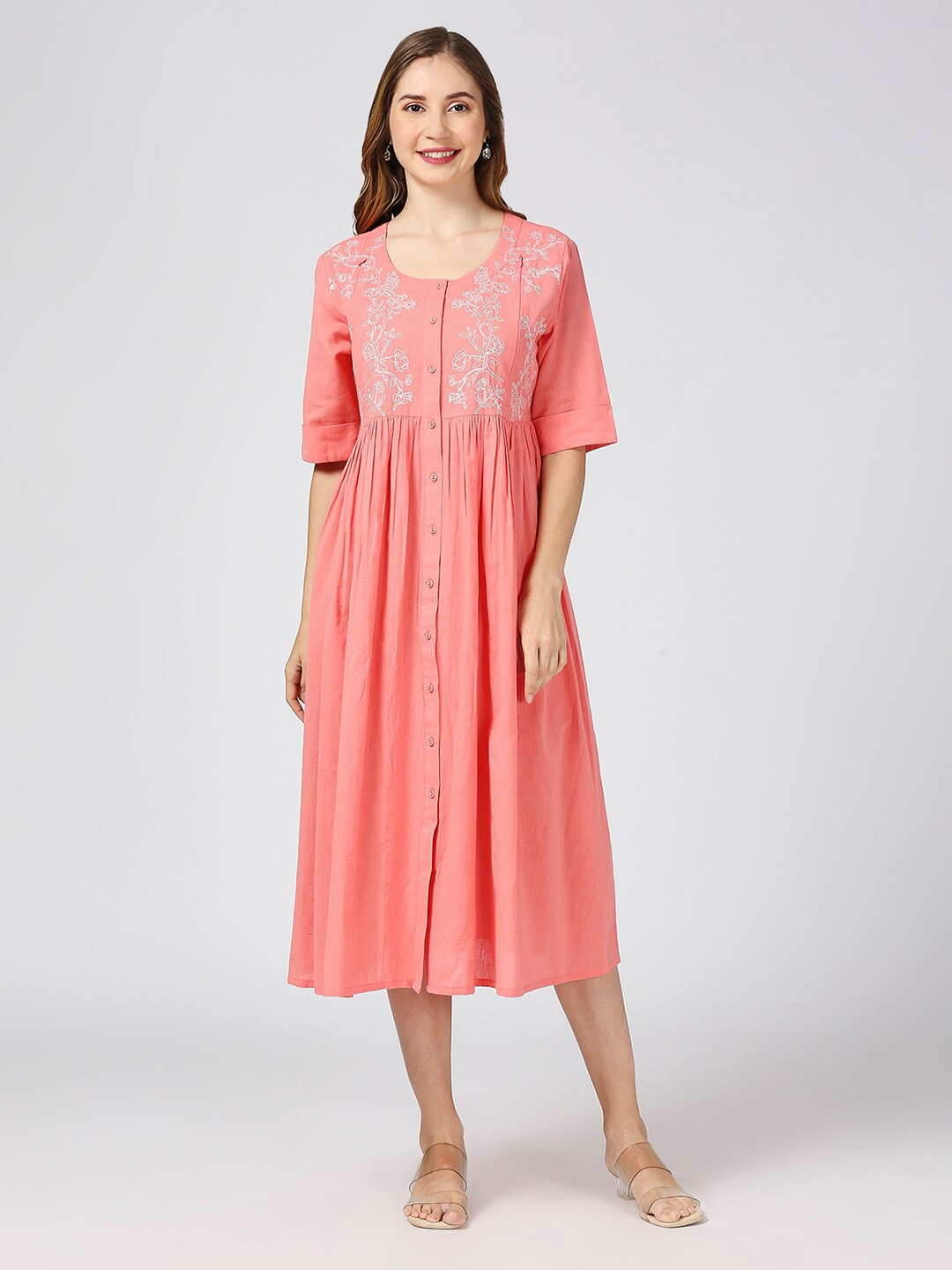 

MeeMee Round Neck Maternity Cotton Fit & Flare Midi Dress with Feeding Zip, Coral