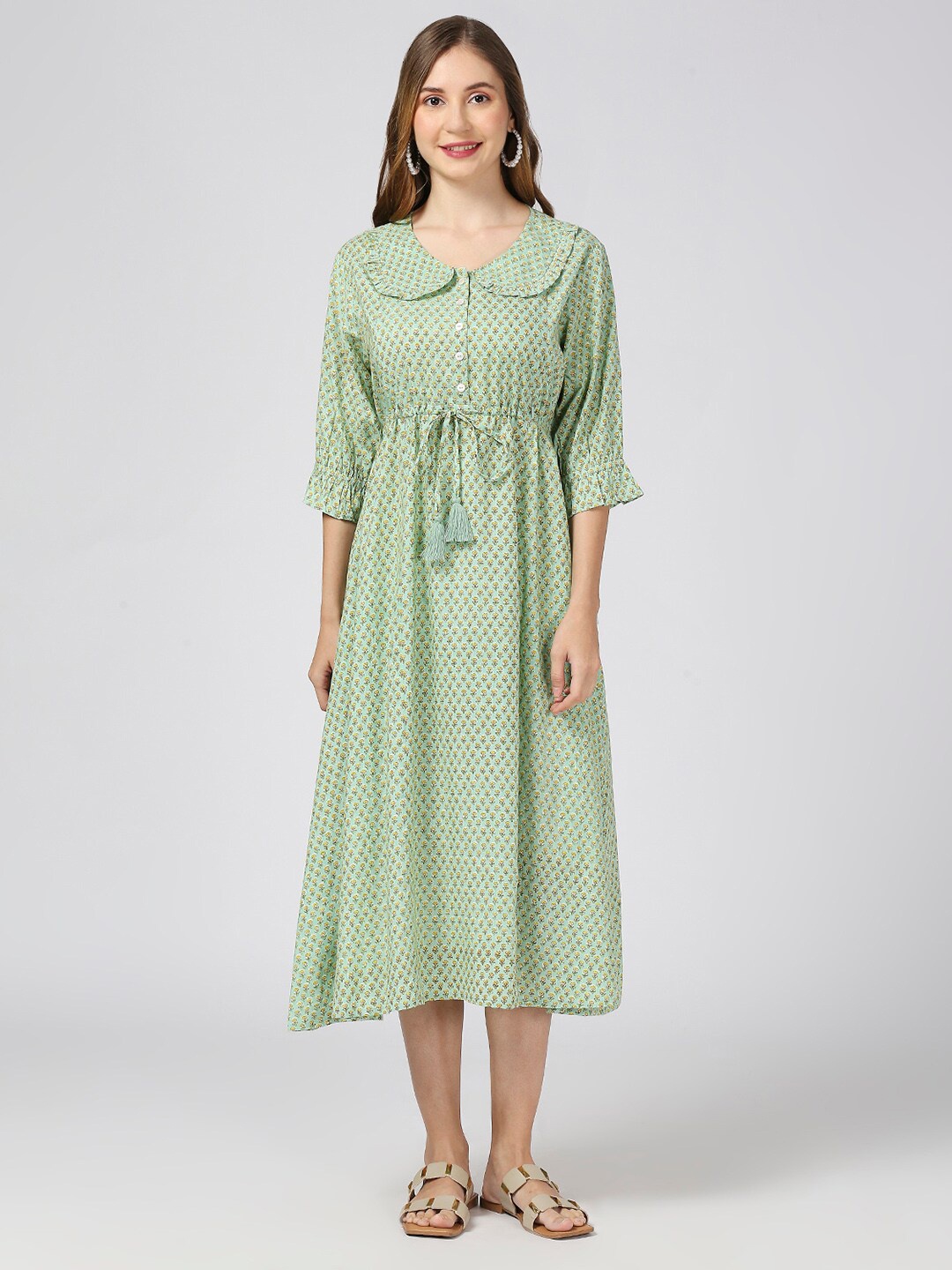 

MeeMee Floral Printed Peter Pan Collar Maternity Fit & Flare Midi Dress with Feeding Zip, Green