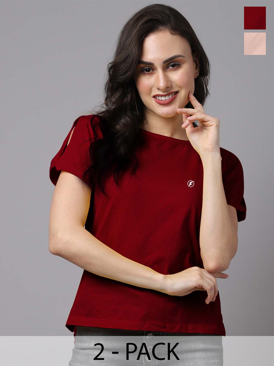 

Friskers Pack Of 2 Solid Round Neck Slit Sleeves Cotton Casual Tops, Maroon