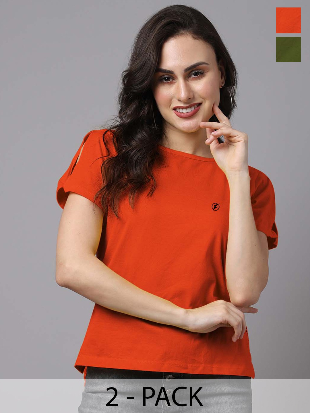 

Friskers Pack of 2 Round Neck Short Sleeves Cotton Tops, Orange