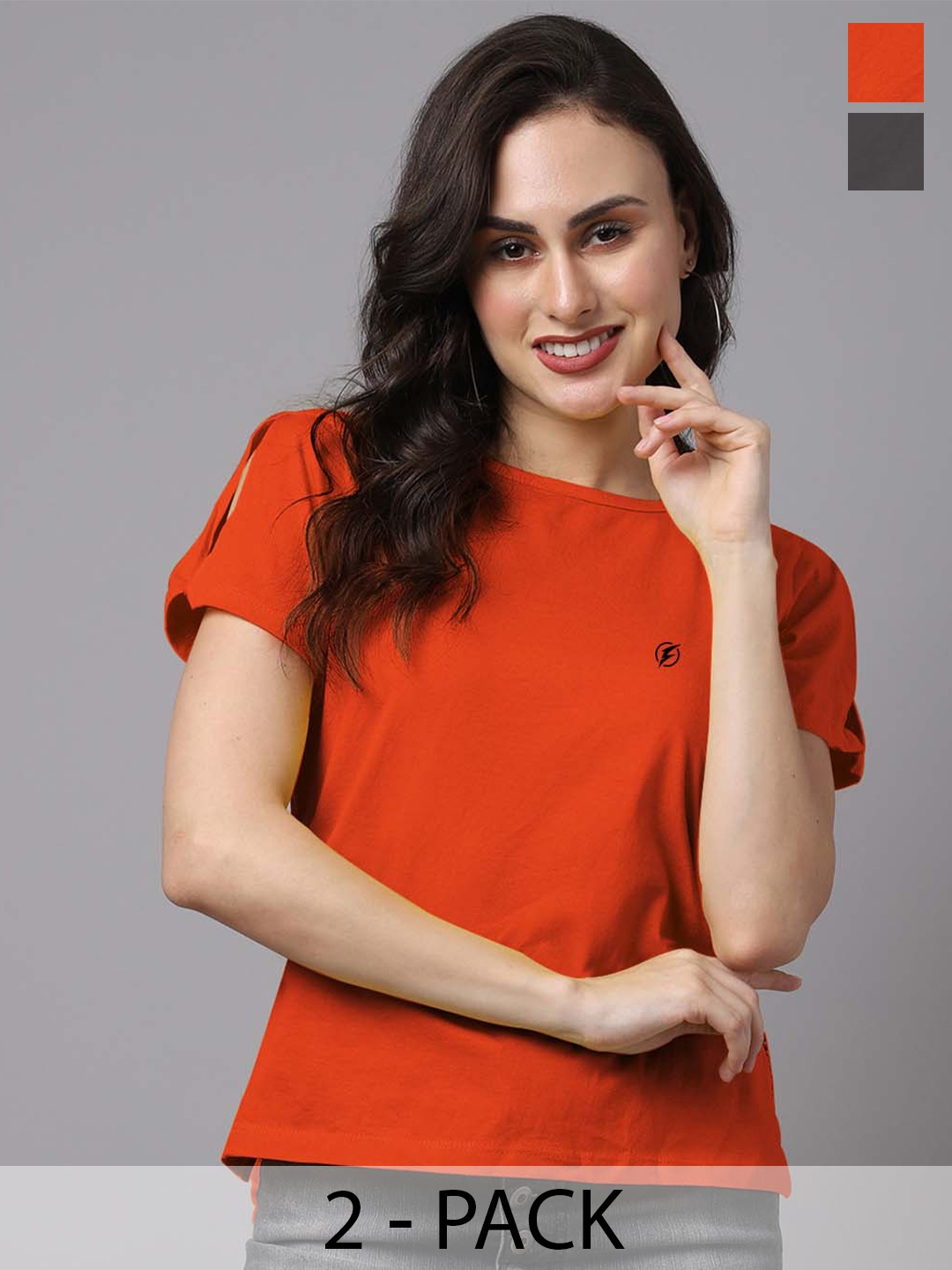 

Friskers Pack of 2 Round Neck Short Sleeves Cotton Tops, Orange