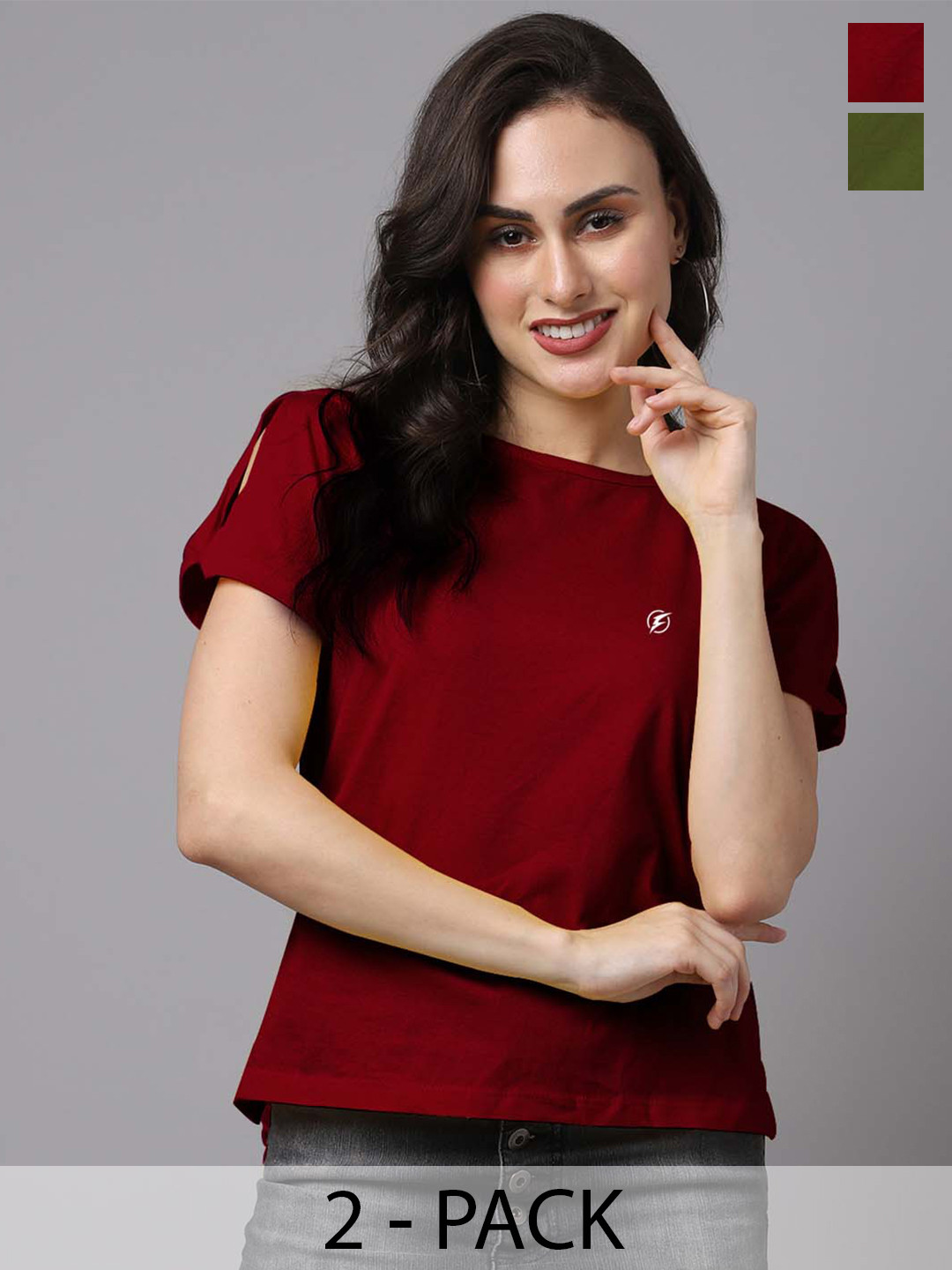 

Friskers Pack Of 2 Round Neck Short Sleeves Cotton Top, Maroon