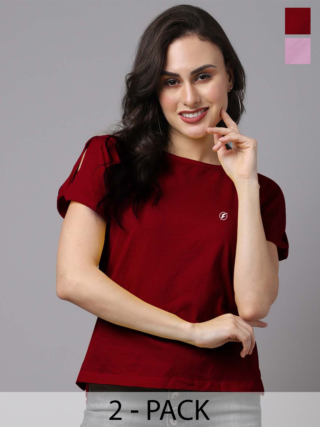 

Friskers Pack of 2 Slit Sleeves Round Neck Solid Cotton Casual Tops, Maroon