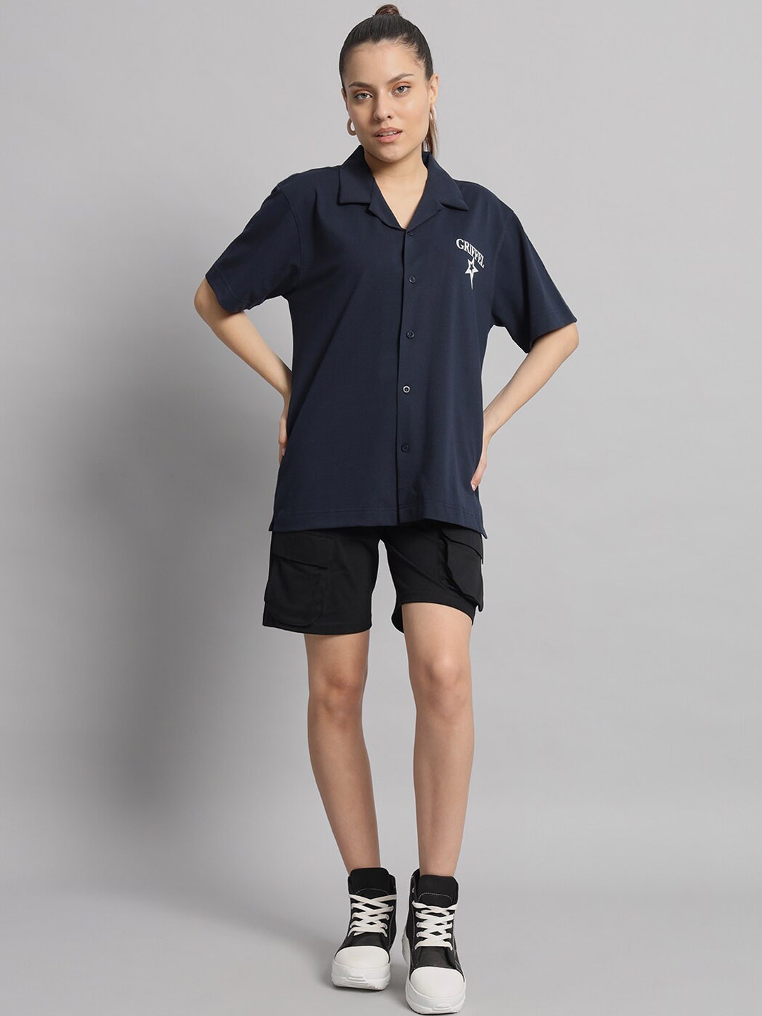 

GRIFFEL Printed Cotton Oversized-Fit Shirt With Shorts, Navy blue