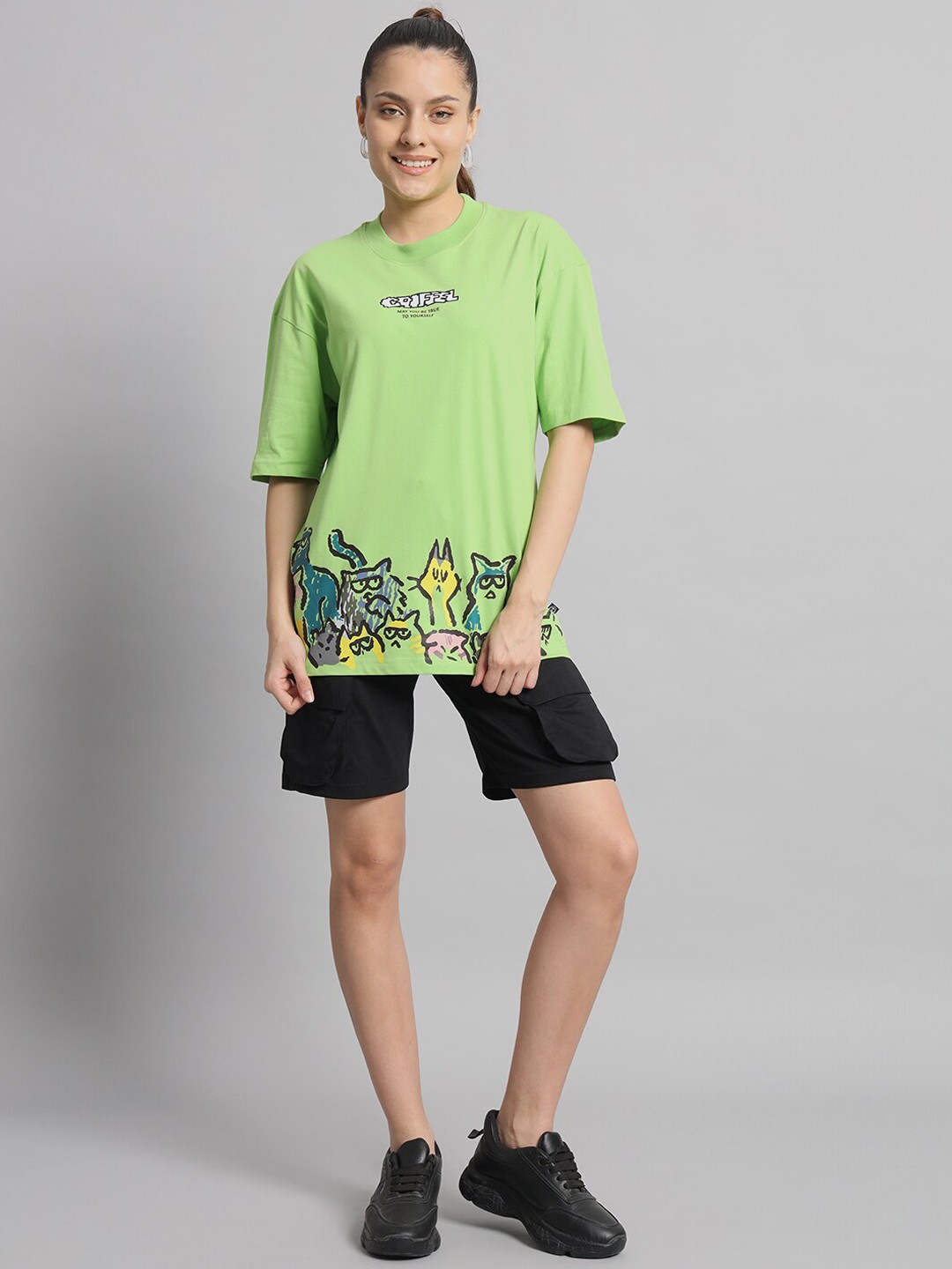 

GRIFFEL Oversized Fit Printed Pure Cotton T-Shirt With Shorts, Green