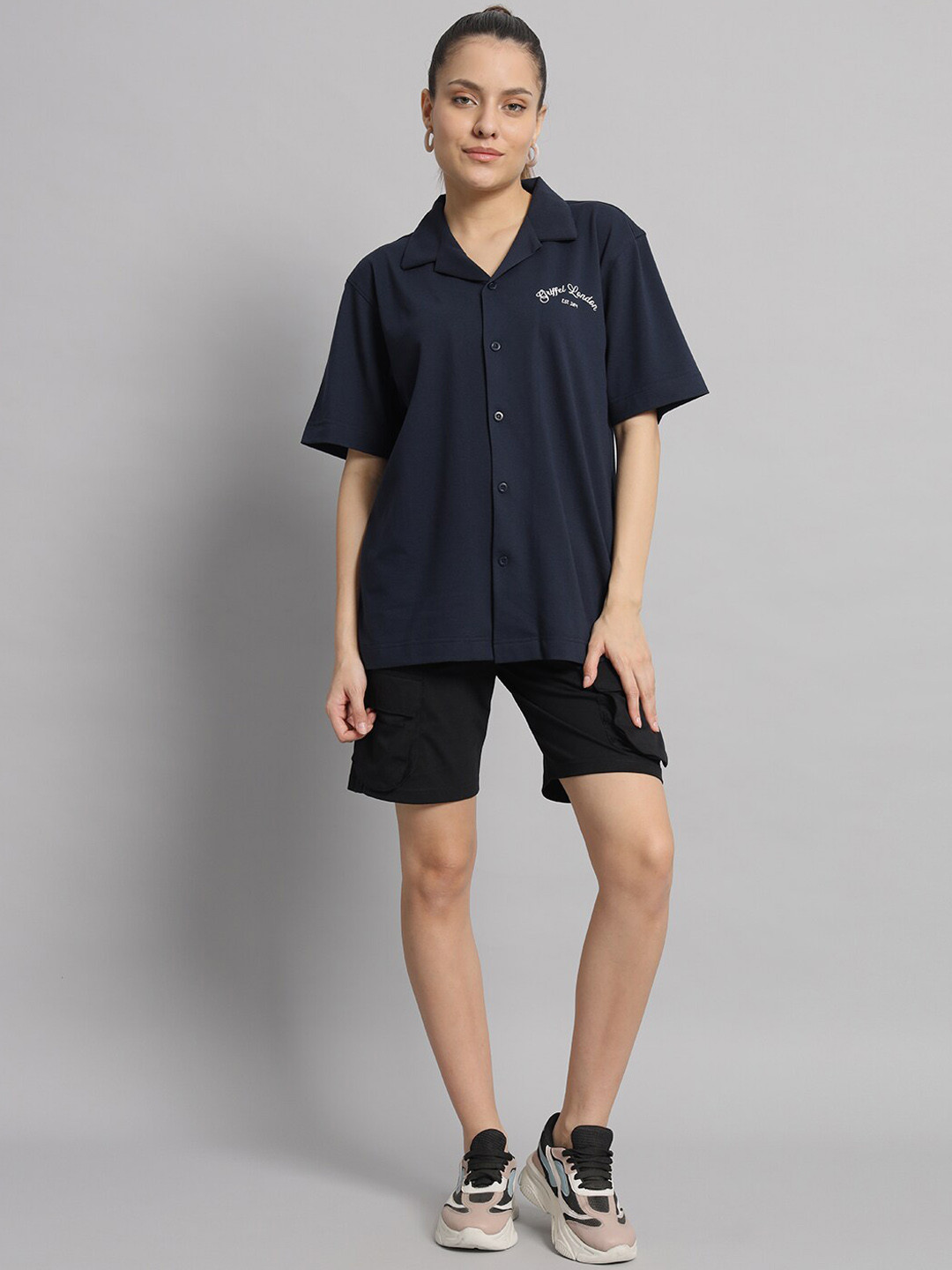 

GRIFFEL Printed Cuban Collar Pure Cotton Shirt & Shorts, Navy blue
