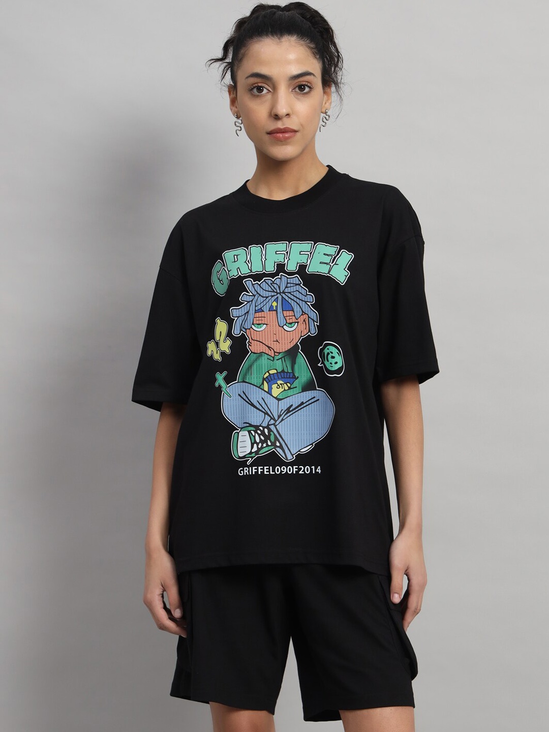 

GRIFFEL Printed Pure Cotton T-Shirt With Shorts Co-Ords, Black