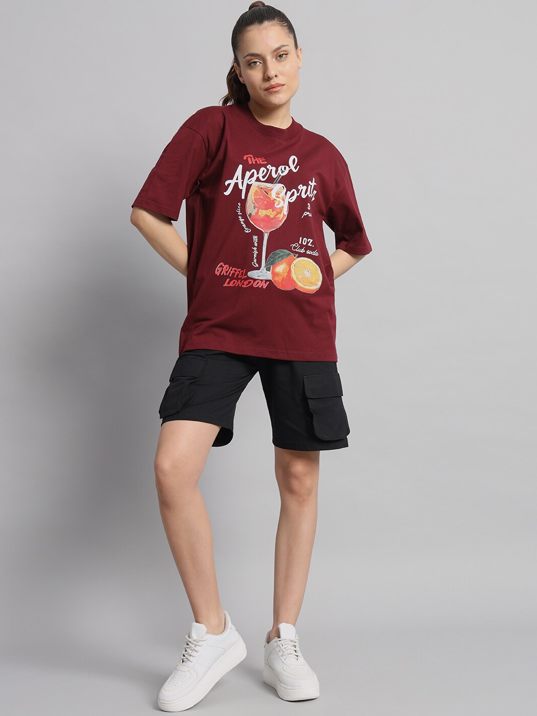 

GRIFFEL Graphic Printed Pure Cotton Oversized T-Shirt With Shorts, Maroon