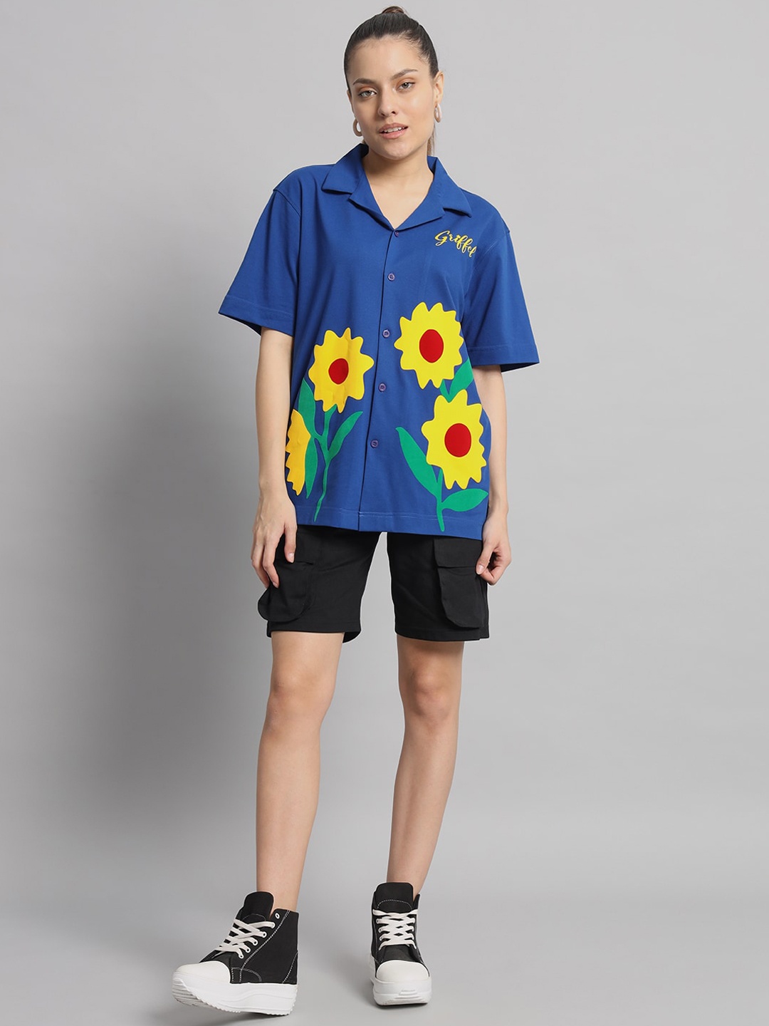 

GRIFFEL Printed Pure Cotton Oversized Shirt With Shorts, Blue
