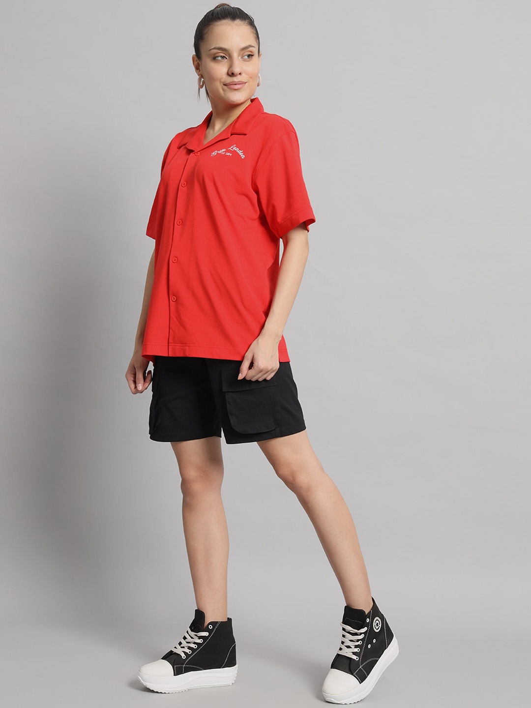

GRIFFEL Typography Printed Pure Cotton Oversized Co-Ords, Red