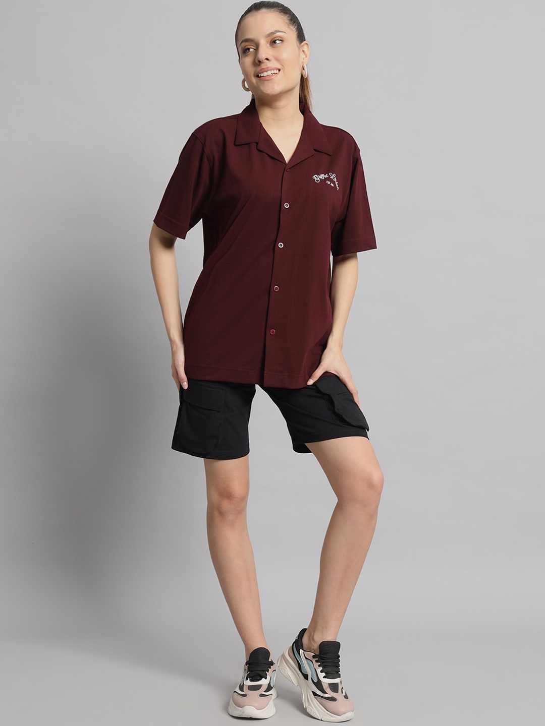 

GRIFFEL Typography Printed Pure Cotton Oversized Shirt & Shorts, Maroon