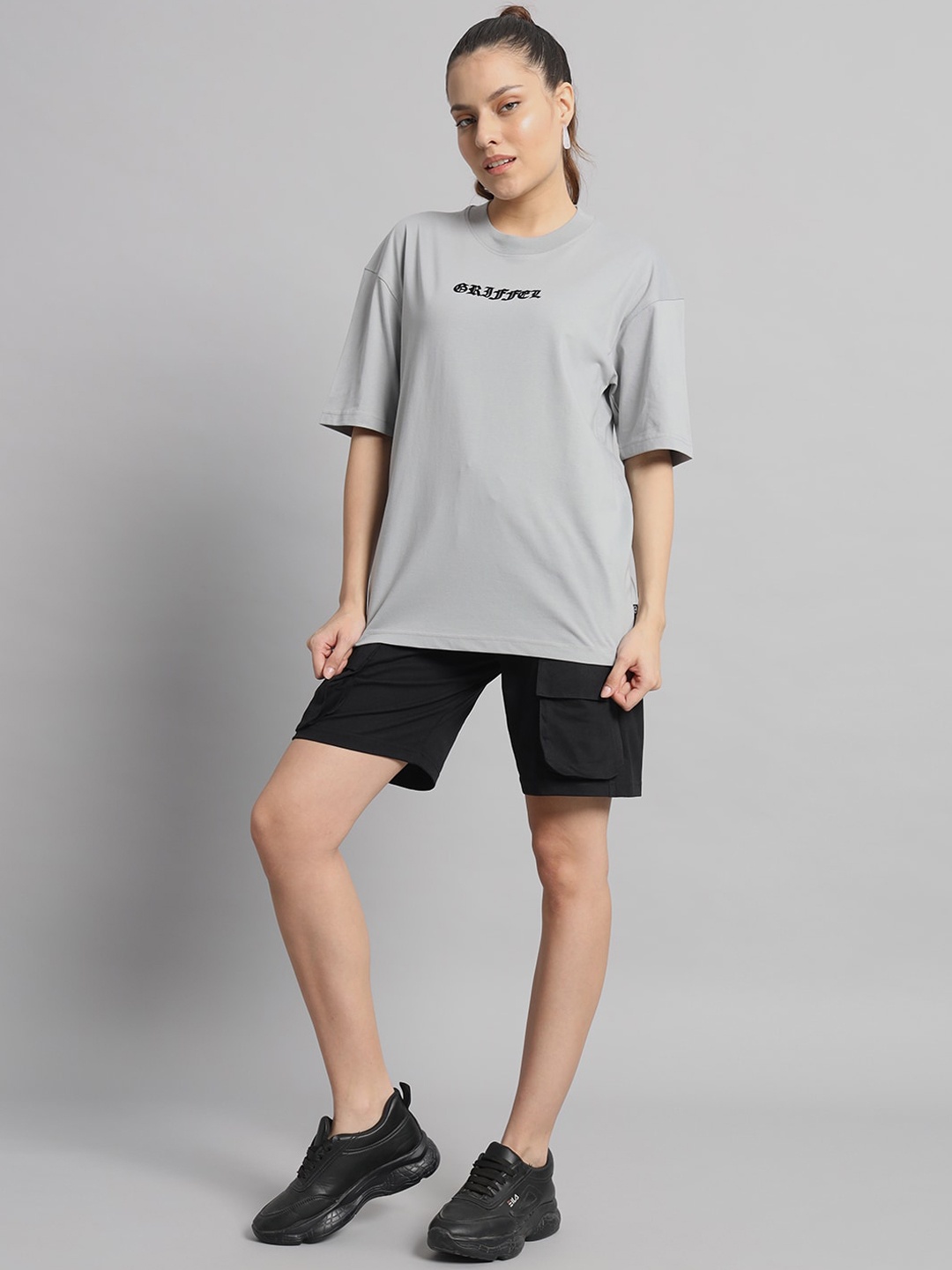 

GRIFFEL Printed Pure Cotton Oversized T-Shirt & Shorts, Grey