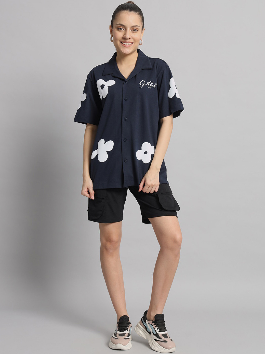 

GRIFFEL Printed Pure Cotton Oversized Shirt With Shorts, Navy blue