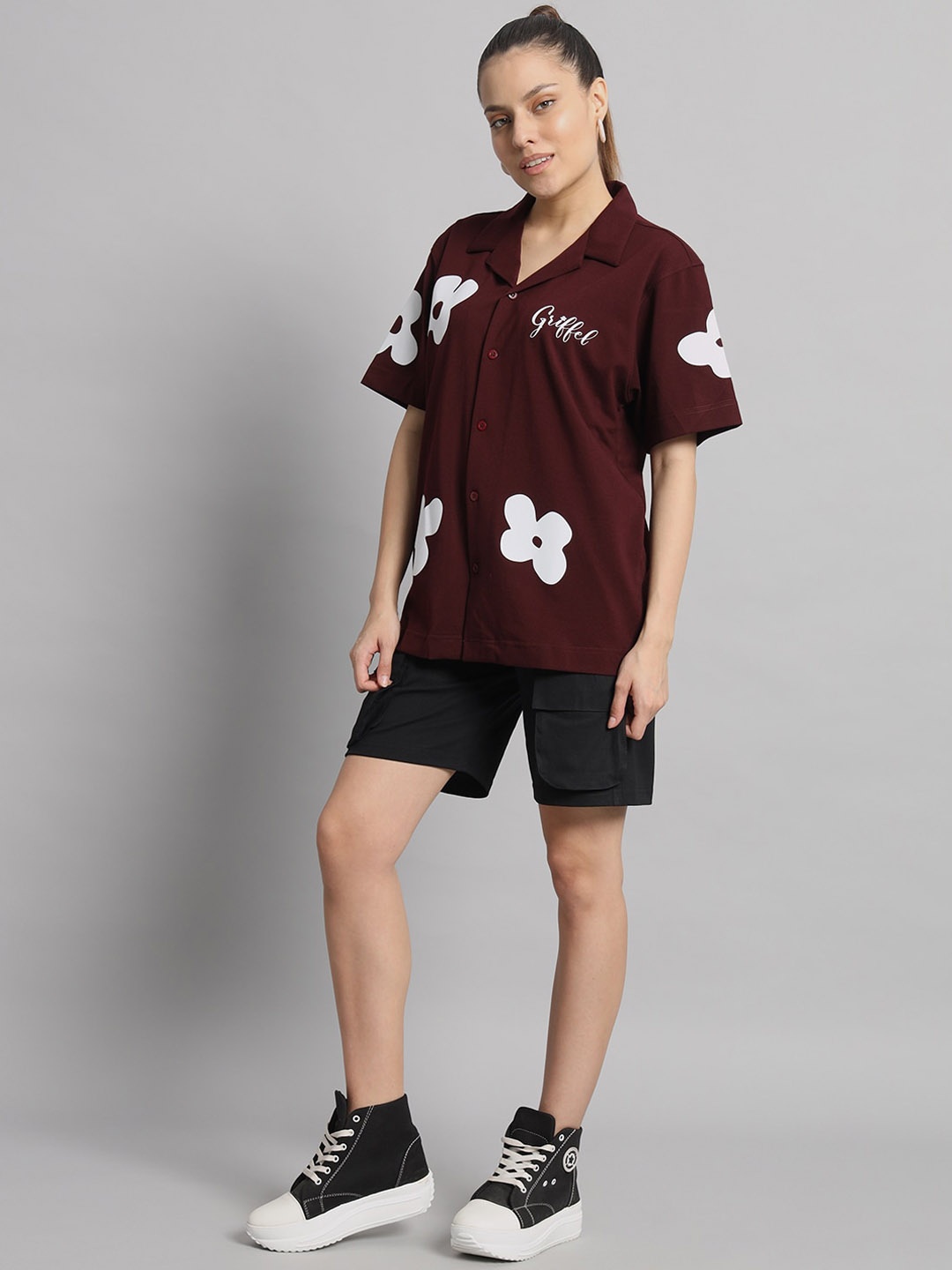 

GRIFFEL Printed Pure Cotton Shirt & Shorts Co-Ords, Maroon