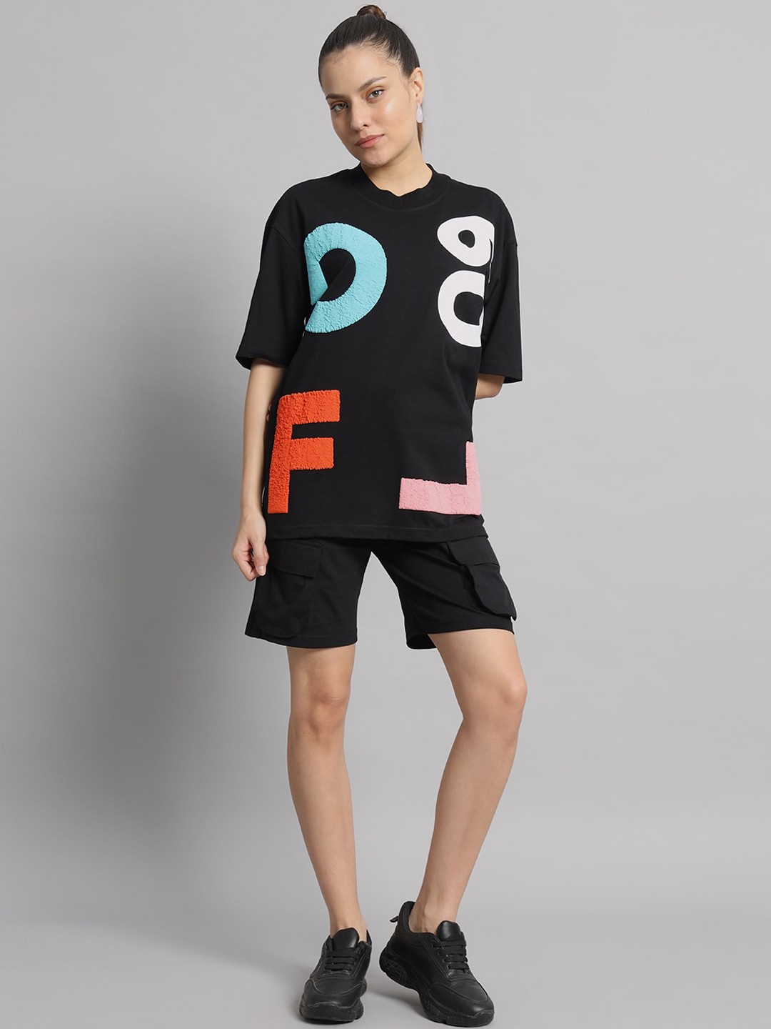

GRIFFEL Printed Pure Cotton Oversized T-shirt With Shorts, Black