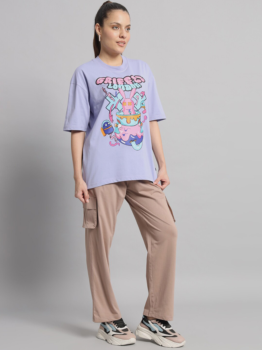 

GRIFFEL Printed Pure Cotton T-Shirt & Trousers Co-Ords, Purple