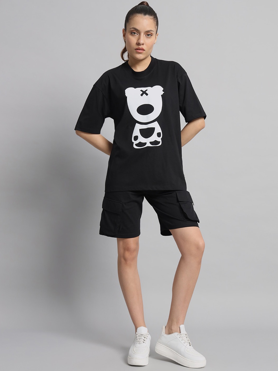 

GRIFFEL Printed Oversized Pure Cotton T-Shirt & Shorts, Black