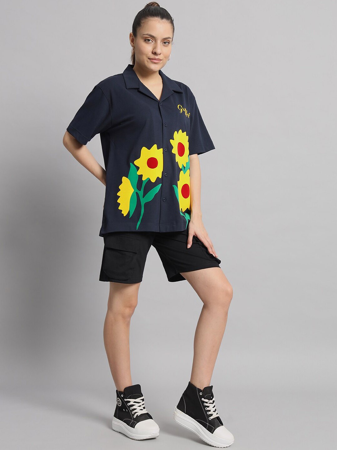 

GRIFFEL Floral Printed Pure Cotton Oversized Shirt & Shorts, Navy blue