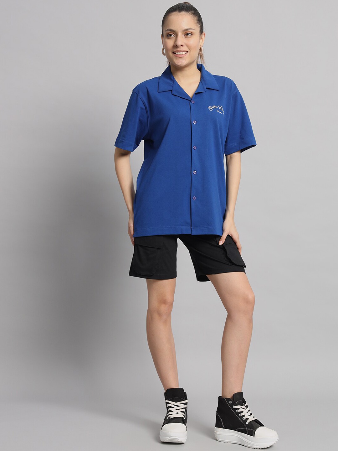 

GRIFFEL Printed Pure Cotton Oversized Shirt With Shorts, Blue