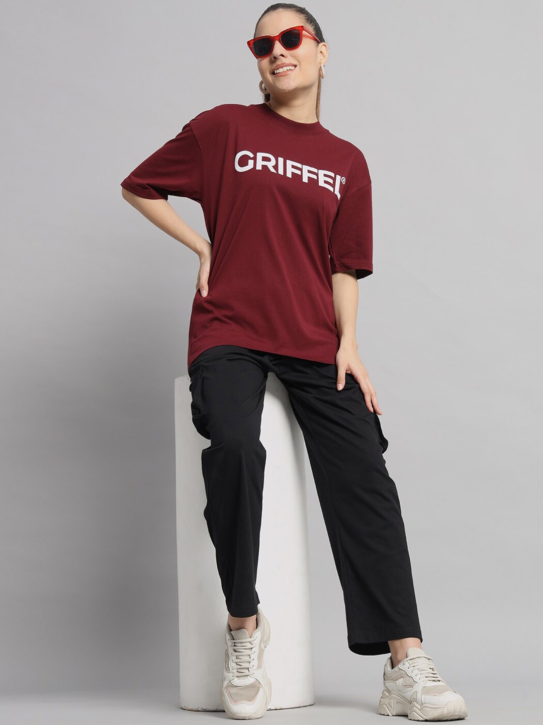

GRIFFEL Printed Pure Cotton Oversized T-shirt With Trouser, Maroon