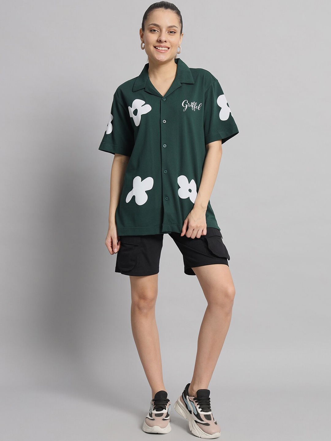 

GRIFFEL Printed Pure Cotton Oversized Shirt With Shorts, Green