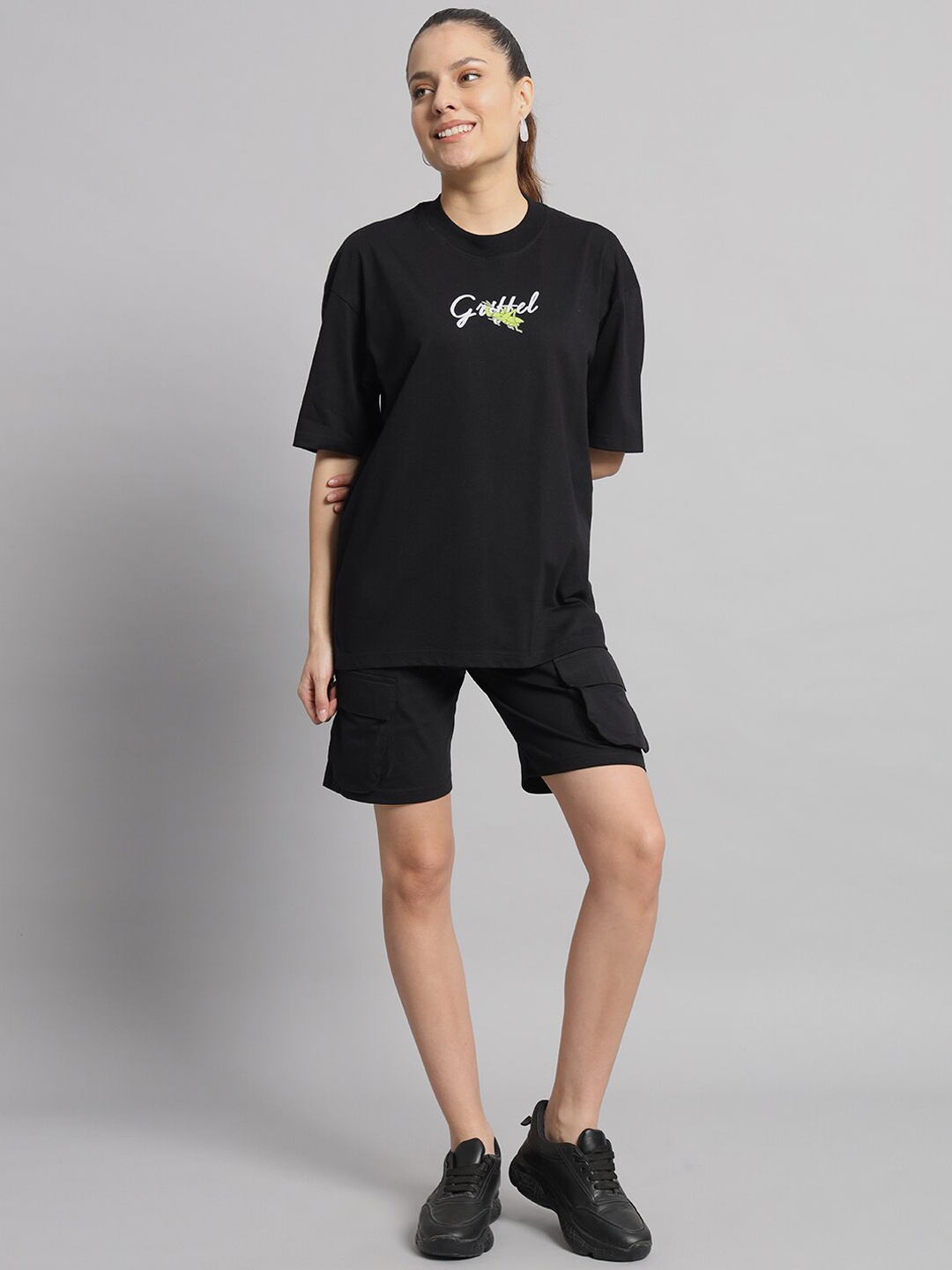 

GRIFFEL Printed Pure Cotton Oversized T-shirt With Shorts Co-Ords, Black