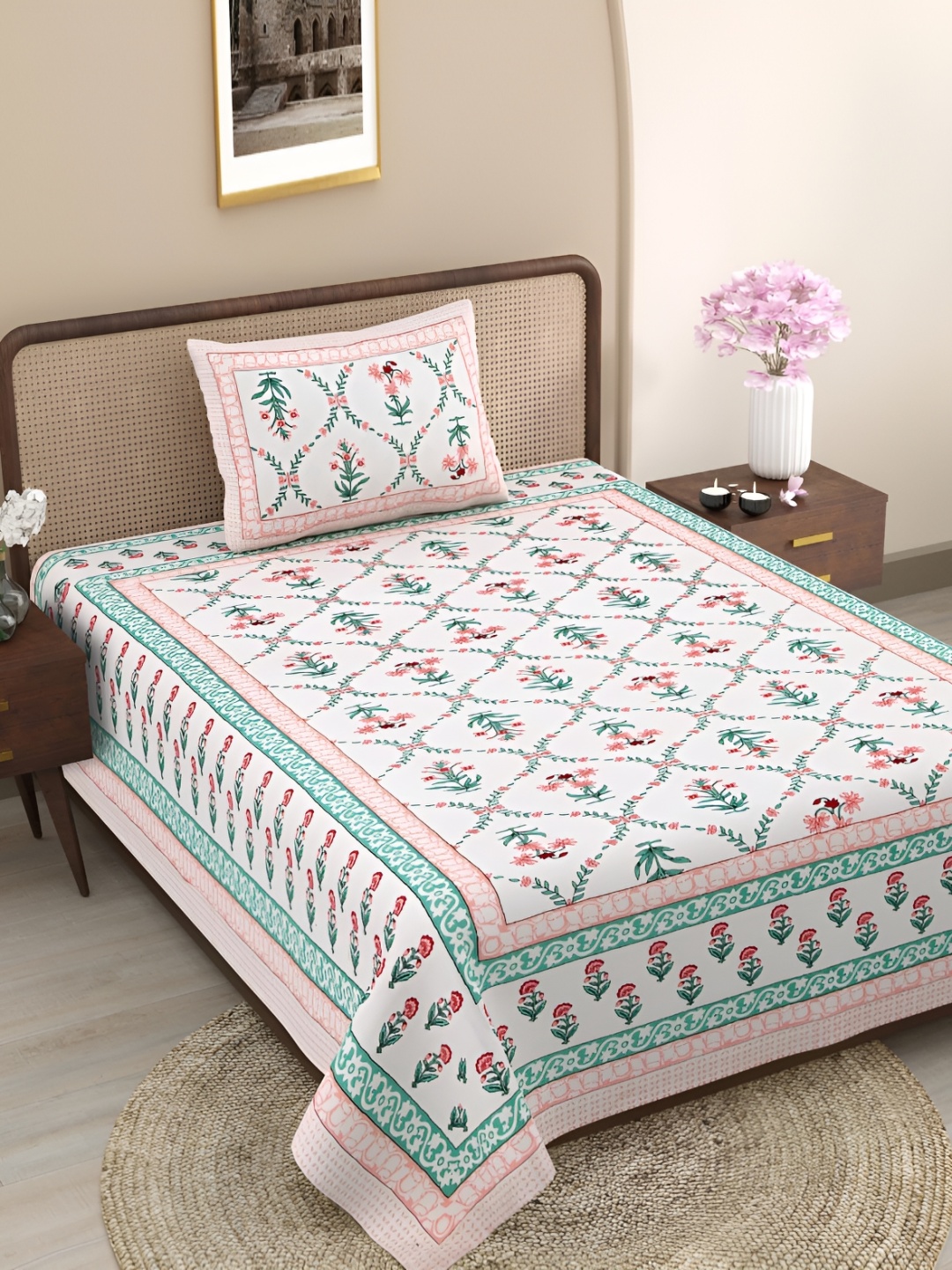 

PHOEBEE White & Green Floral 120 TC Single Bedsheet with 1 Pillow Covers